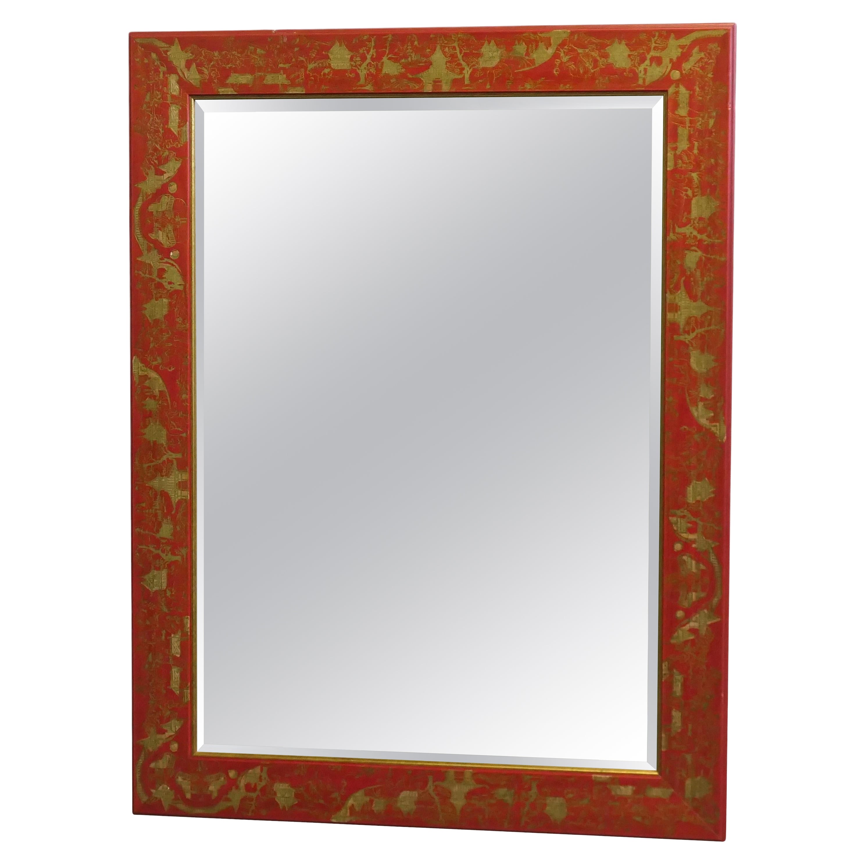 Red and Gold Lacquer Chinoiserie Wall Mirror For Sale