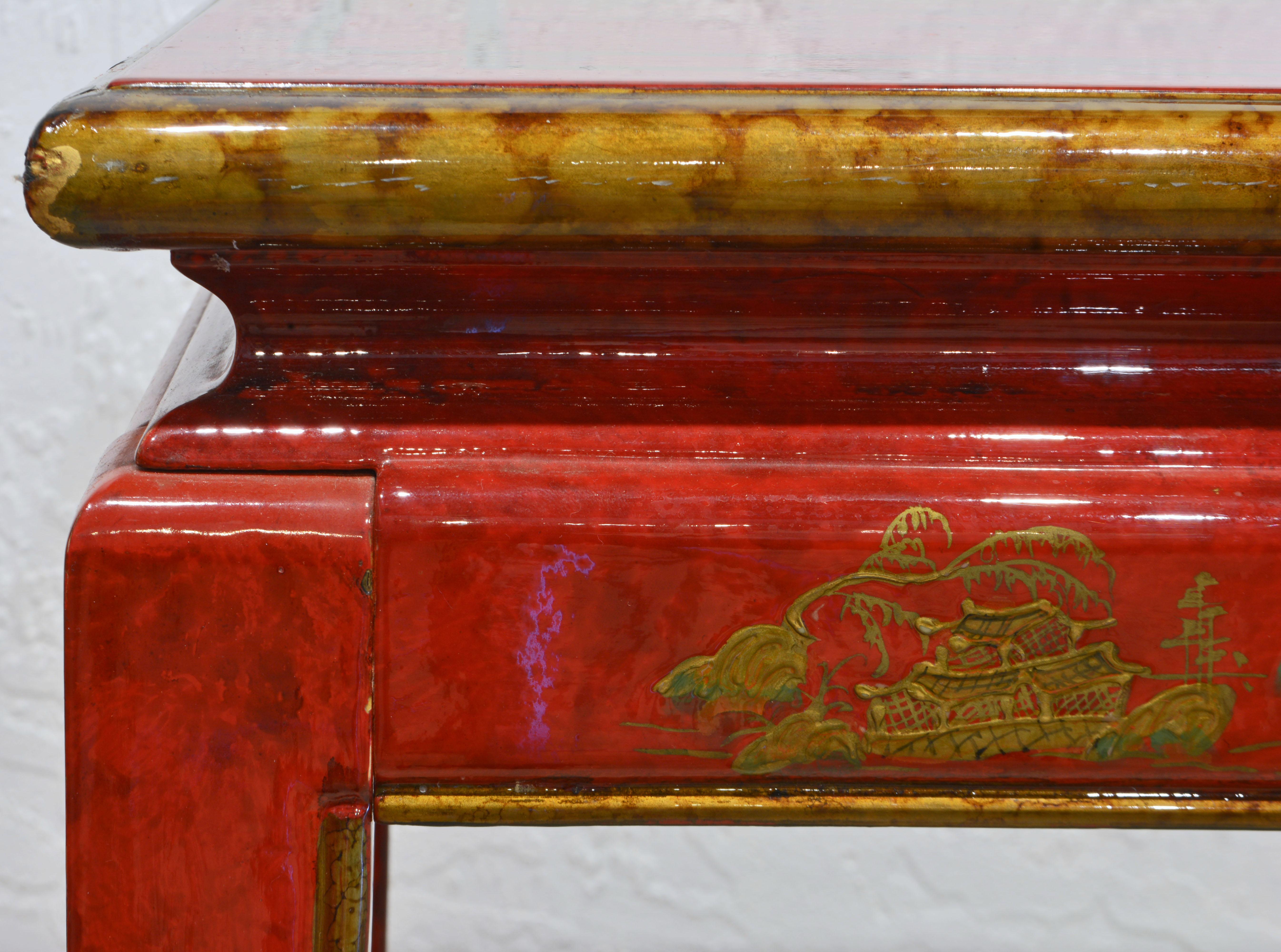 Red and Gold Lacquer Mid Century Chinoiserie Ming Style Console Table 4