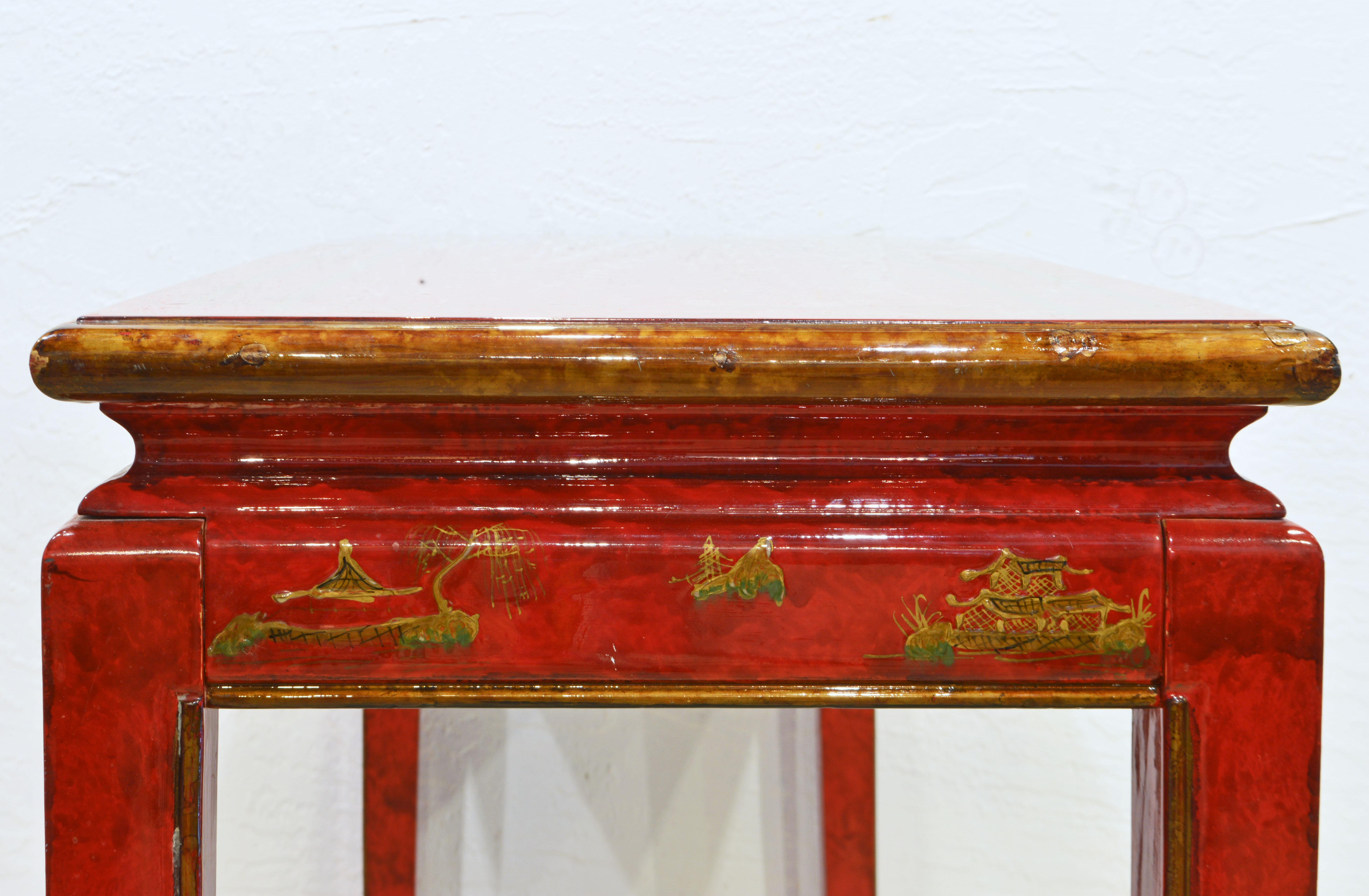 Red and Gold Lacquer Mid Century Chinoiserie Ming Style Console Table 6