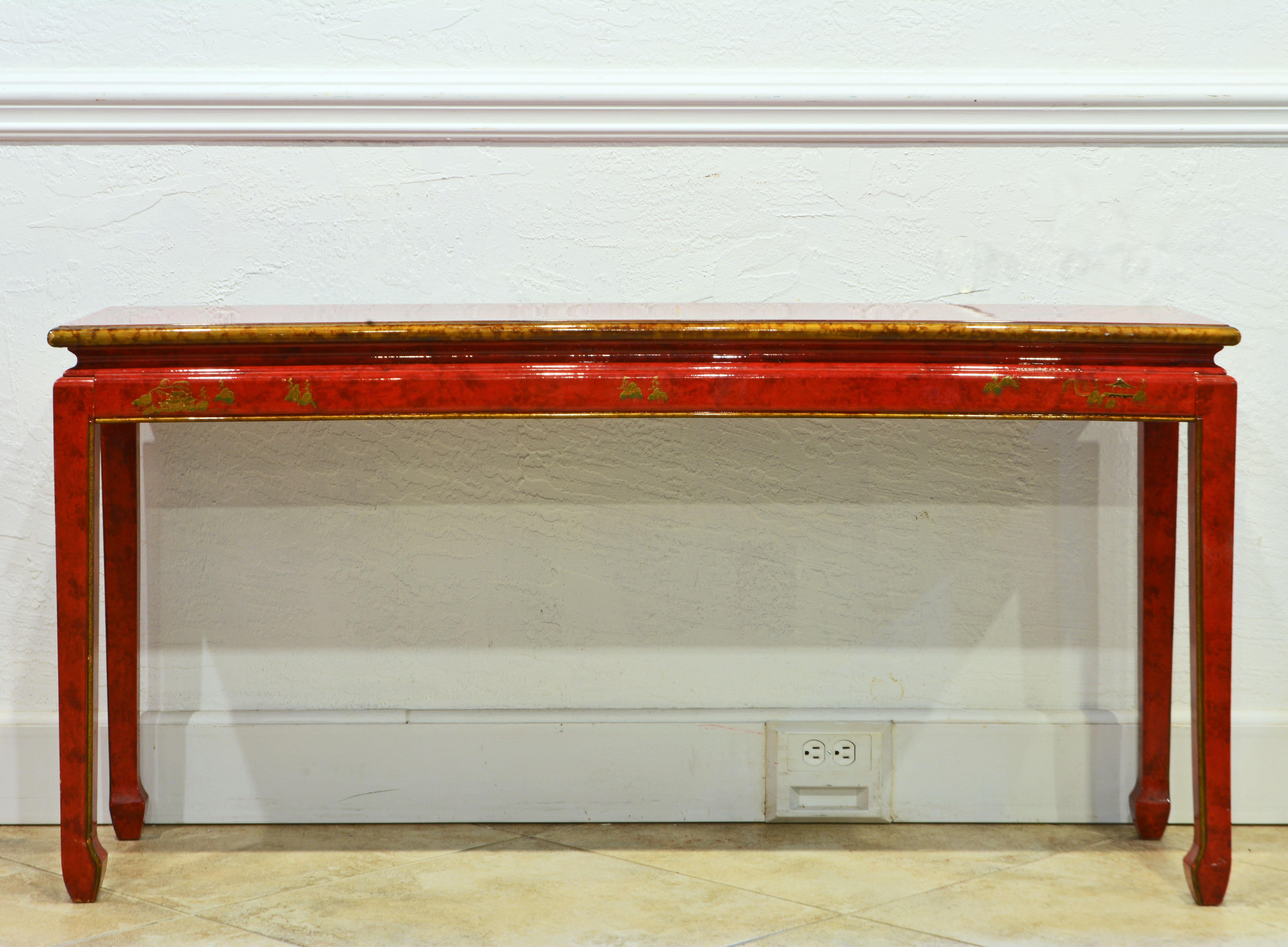 American Red and Gold Lacquer Mid Century Chinoiserie Ming Style Console Table