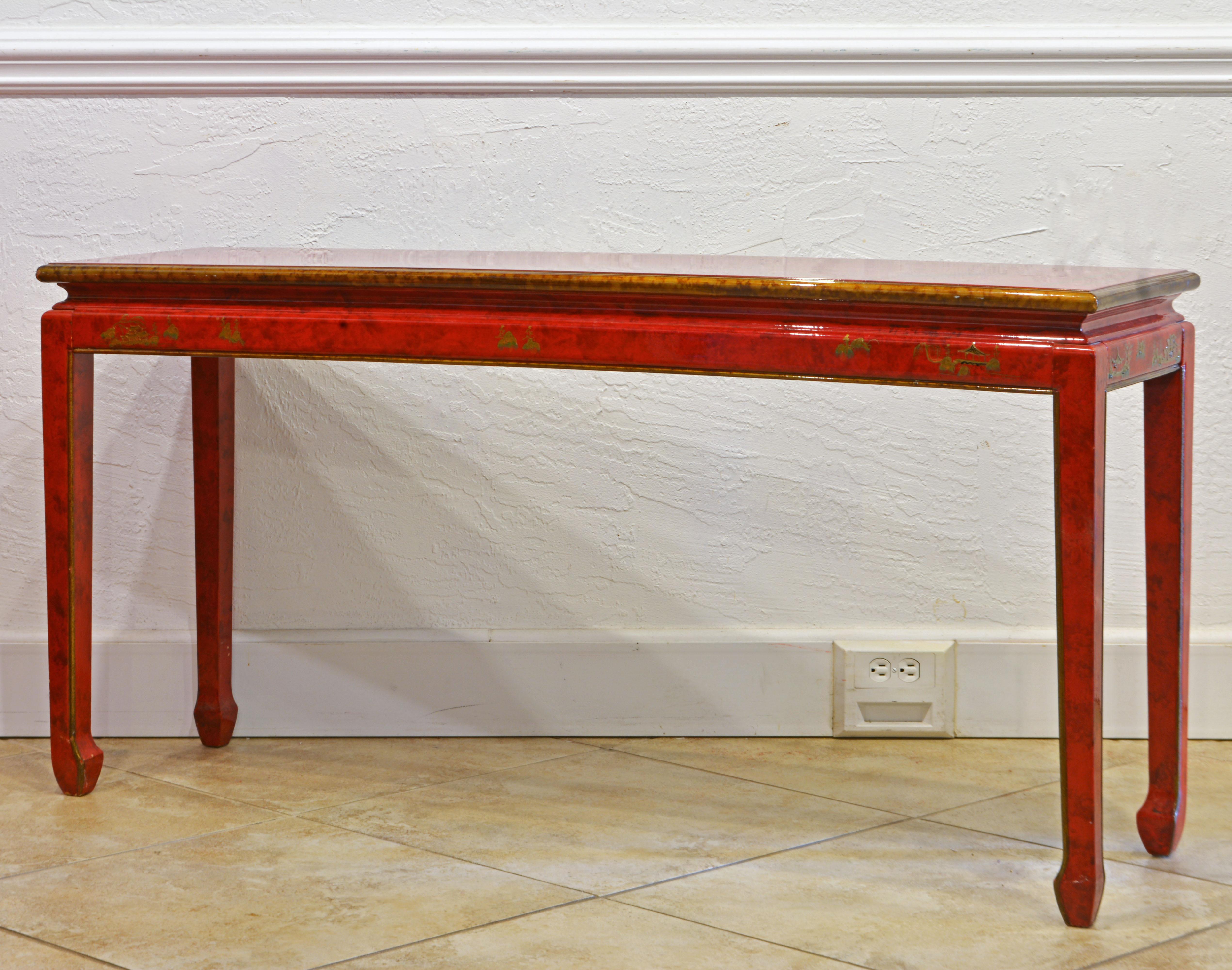 Red and Gold Lacquer Mid Century Chinoiserie Ming Style Console Table In Good Condition In Ft. Lauderdale, FL