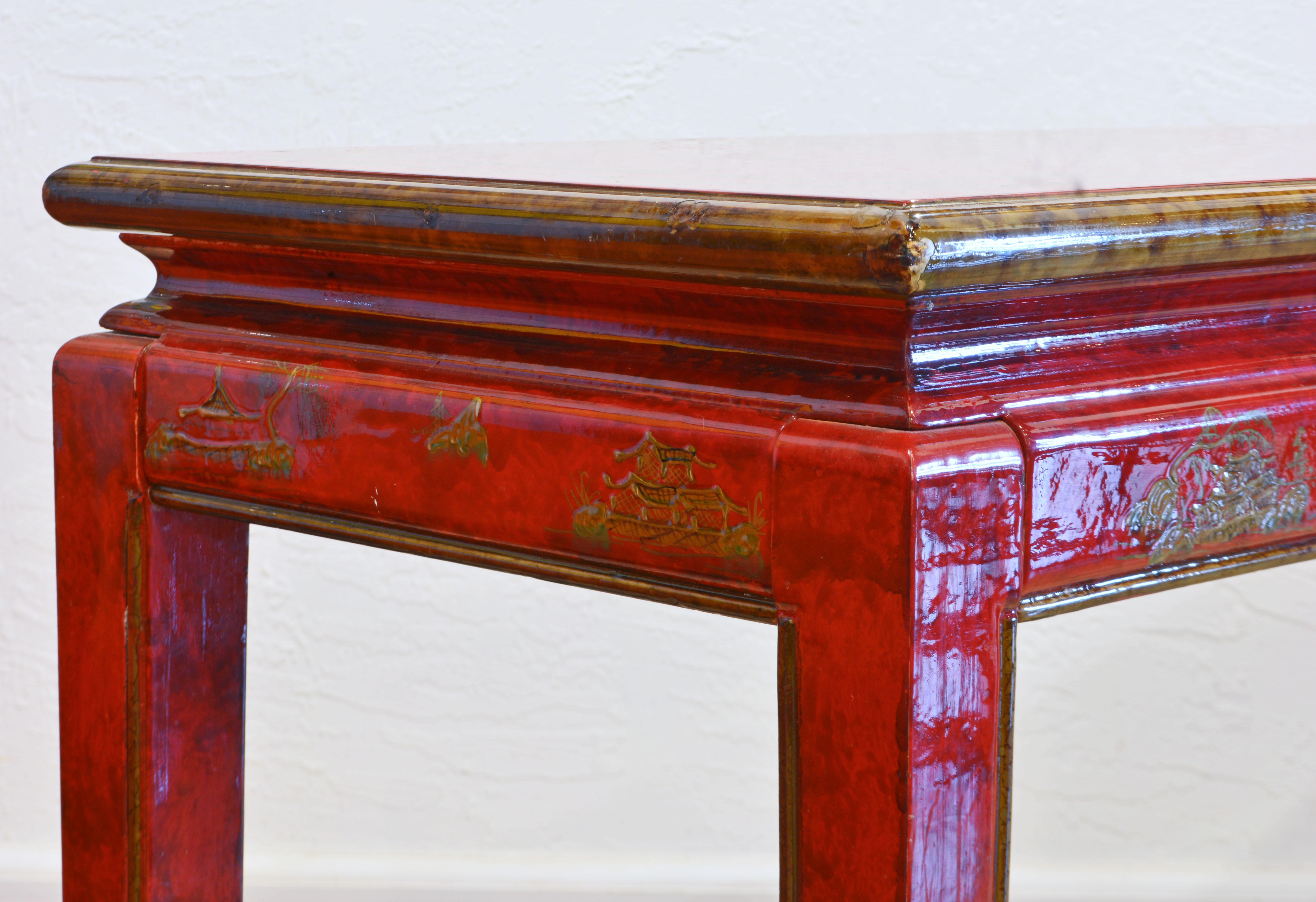 Red and Gold Lacquer Mid Century Chinoiserie Ming Style Console Table 1