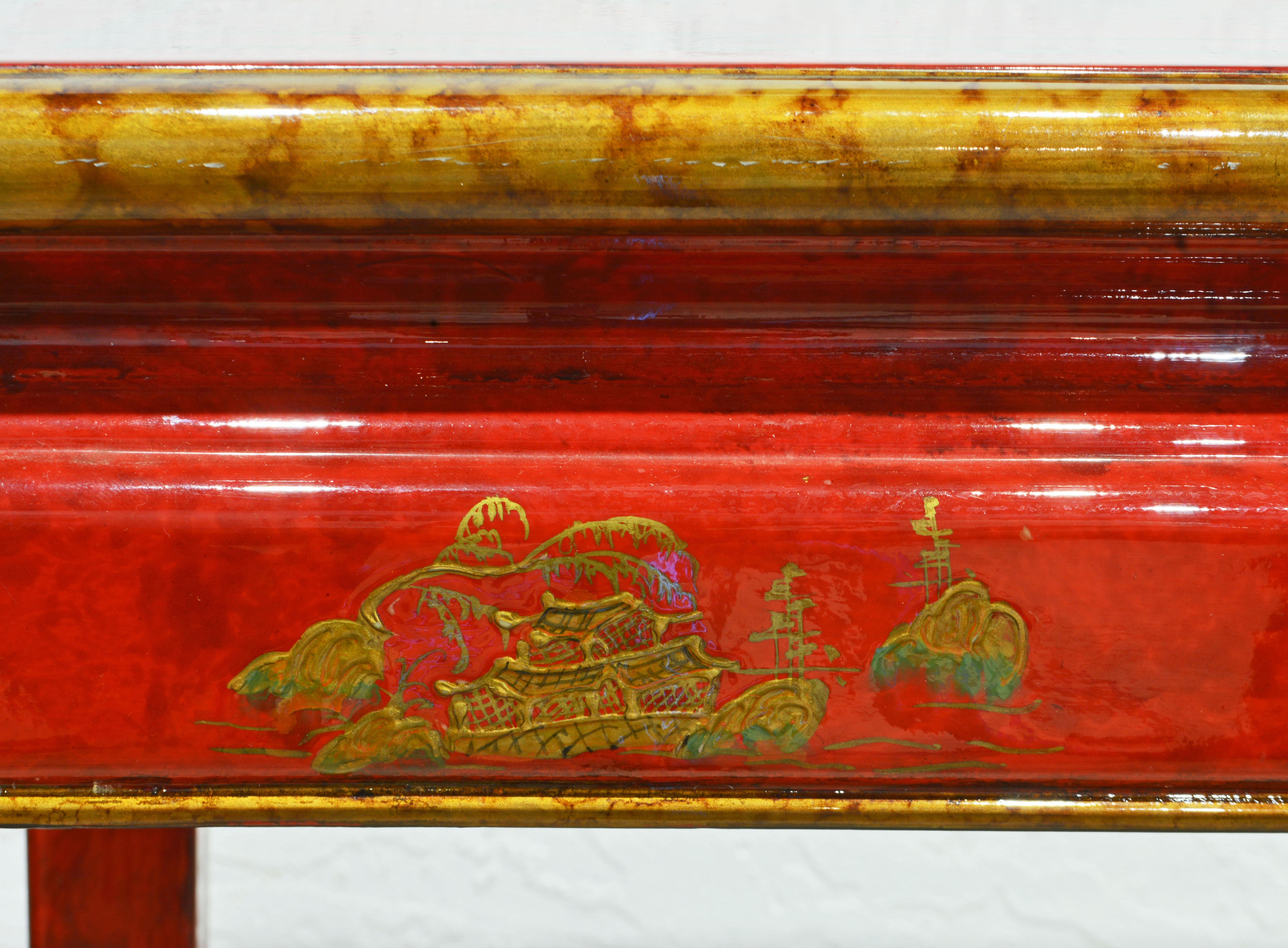 Red and Gold Lacquer Mid Century Chinoiserie Ming Style Console Table 3