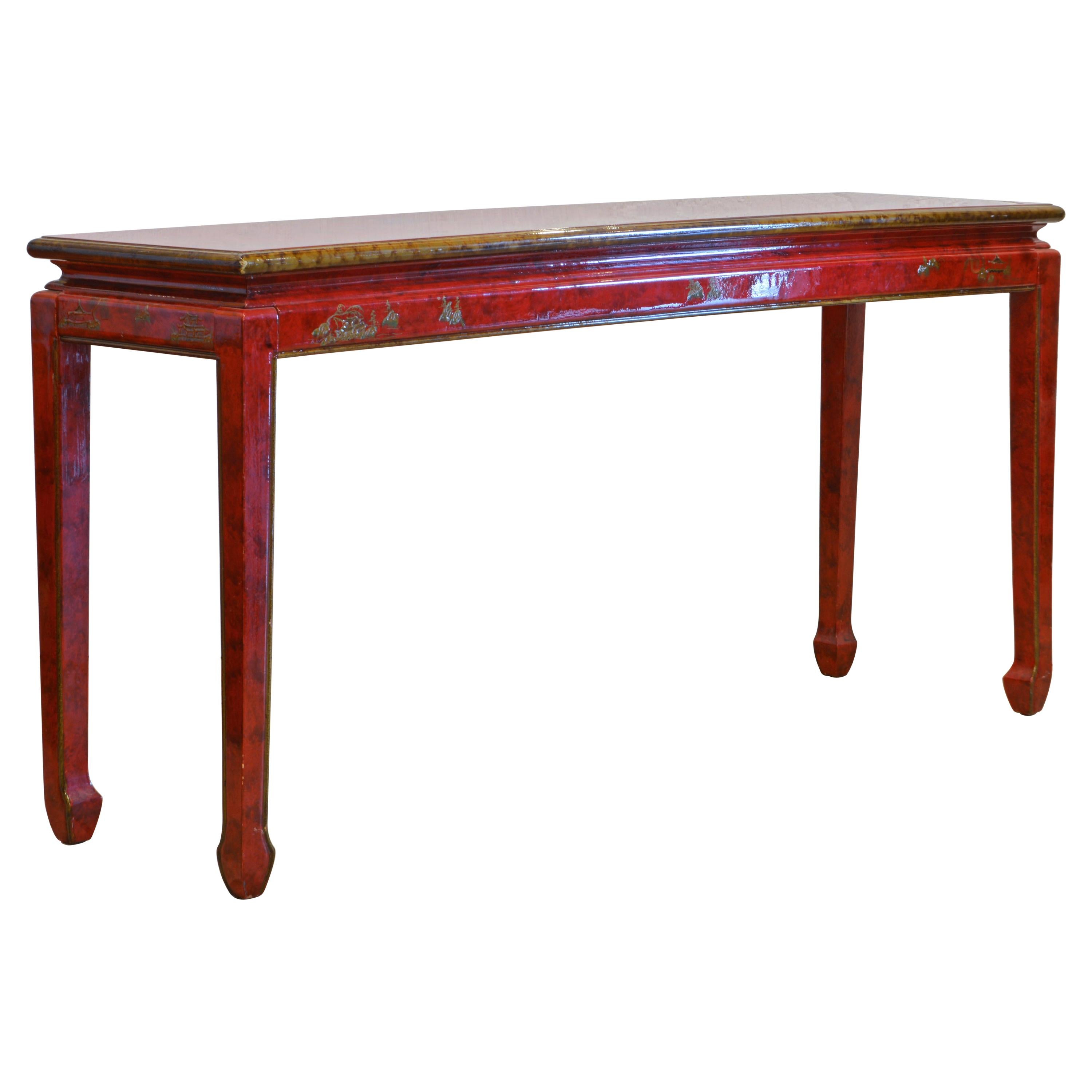 Red and Gold Lacquer Mid Century Chinoiserie Ming Style Console Table