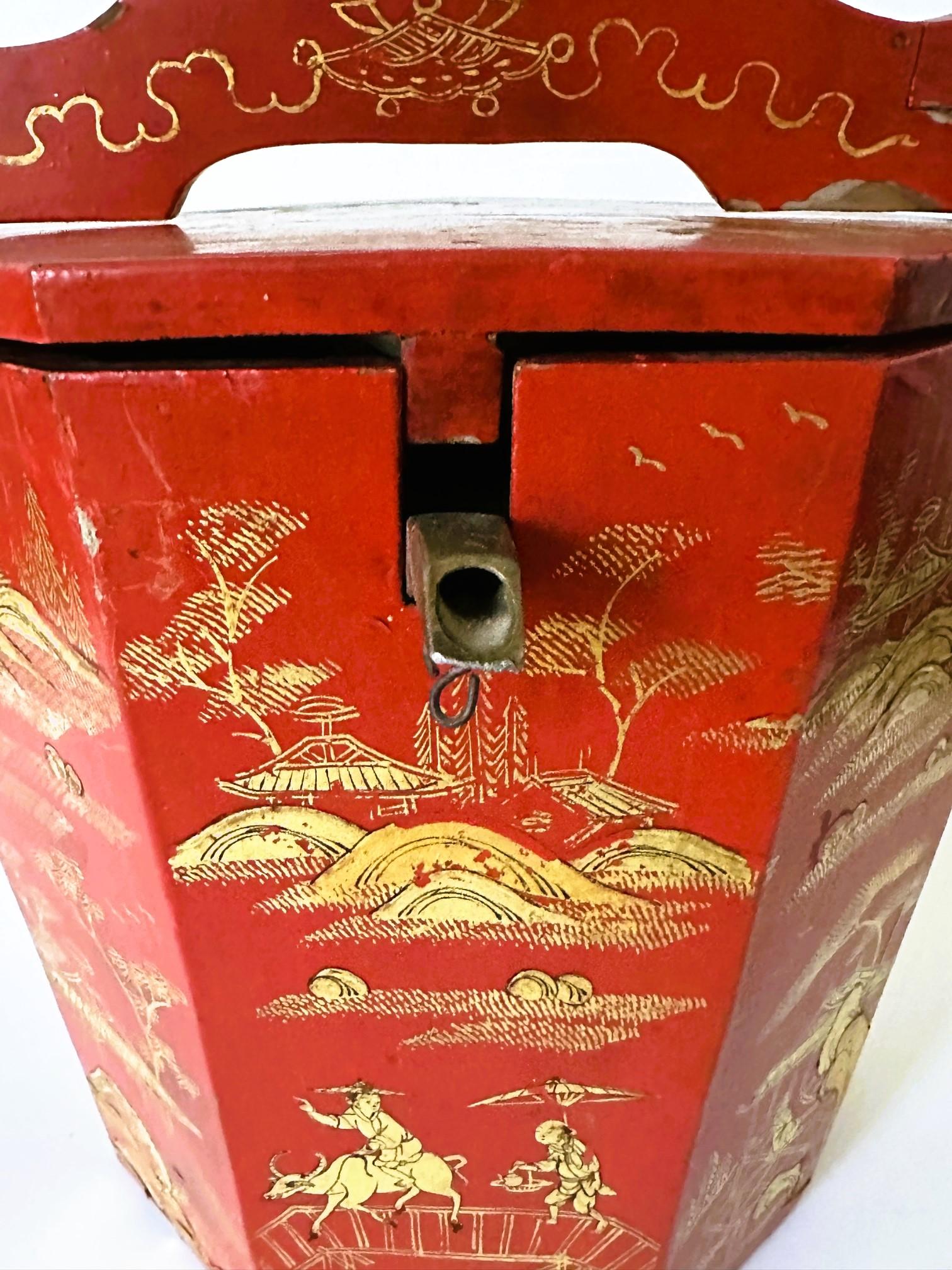 Textile Red and Gold Lacquer Portable Tea Bucket and Cover Ryukyu Kingdom Okinawa For Sale