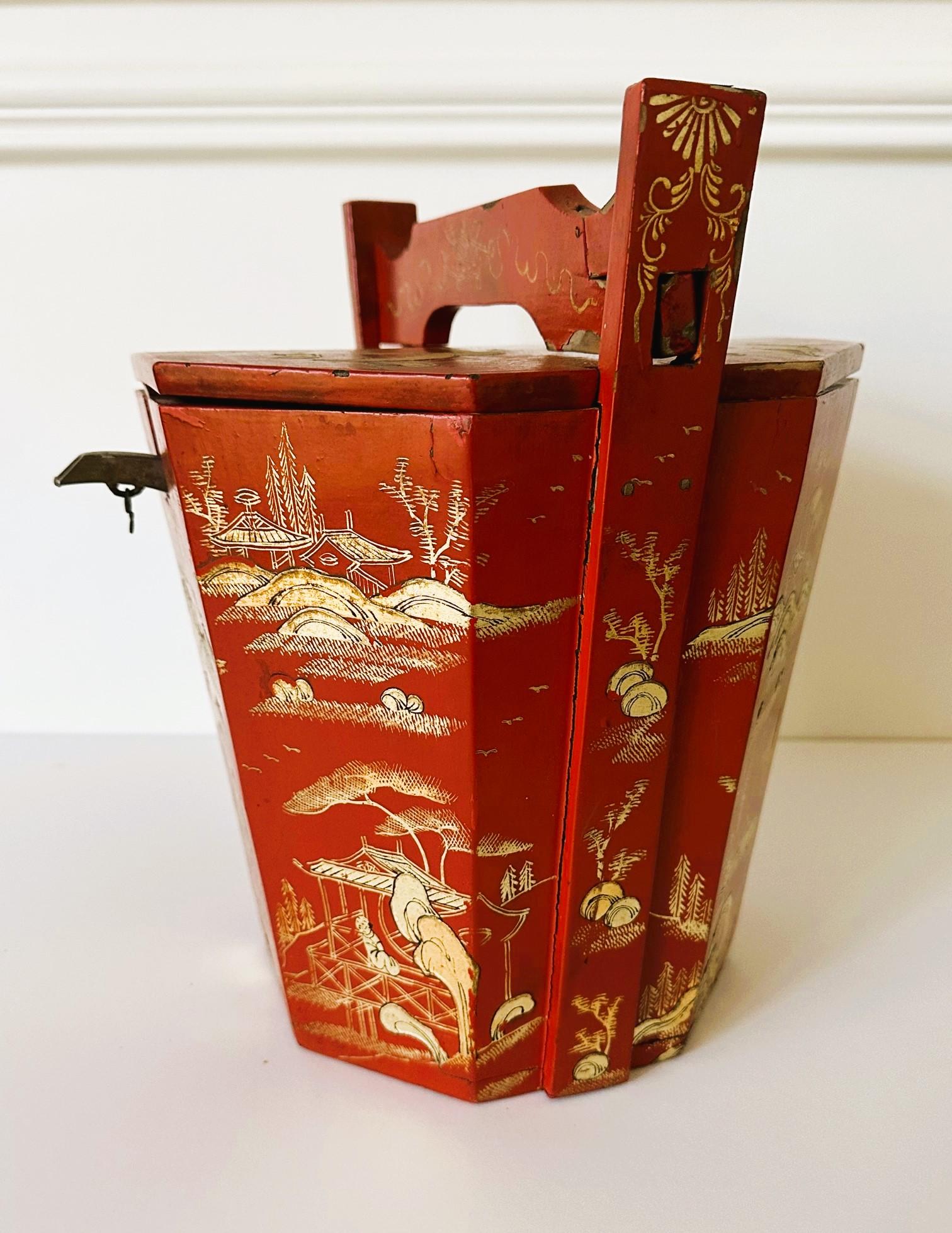 A rare and complete set of wood bucket with cinnabar lacquer and gold paint housing a pewter tea pot with a fabric pouch from Ryukyu Kingdom, Second Shō dynasty, circa 19th century. Located in nowadays Okinawa Prefecture, Japan. Ryukyu kingdom (1429