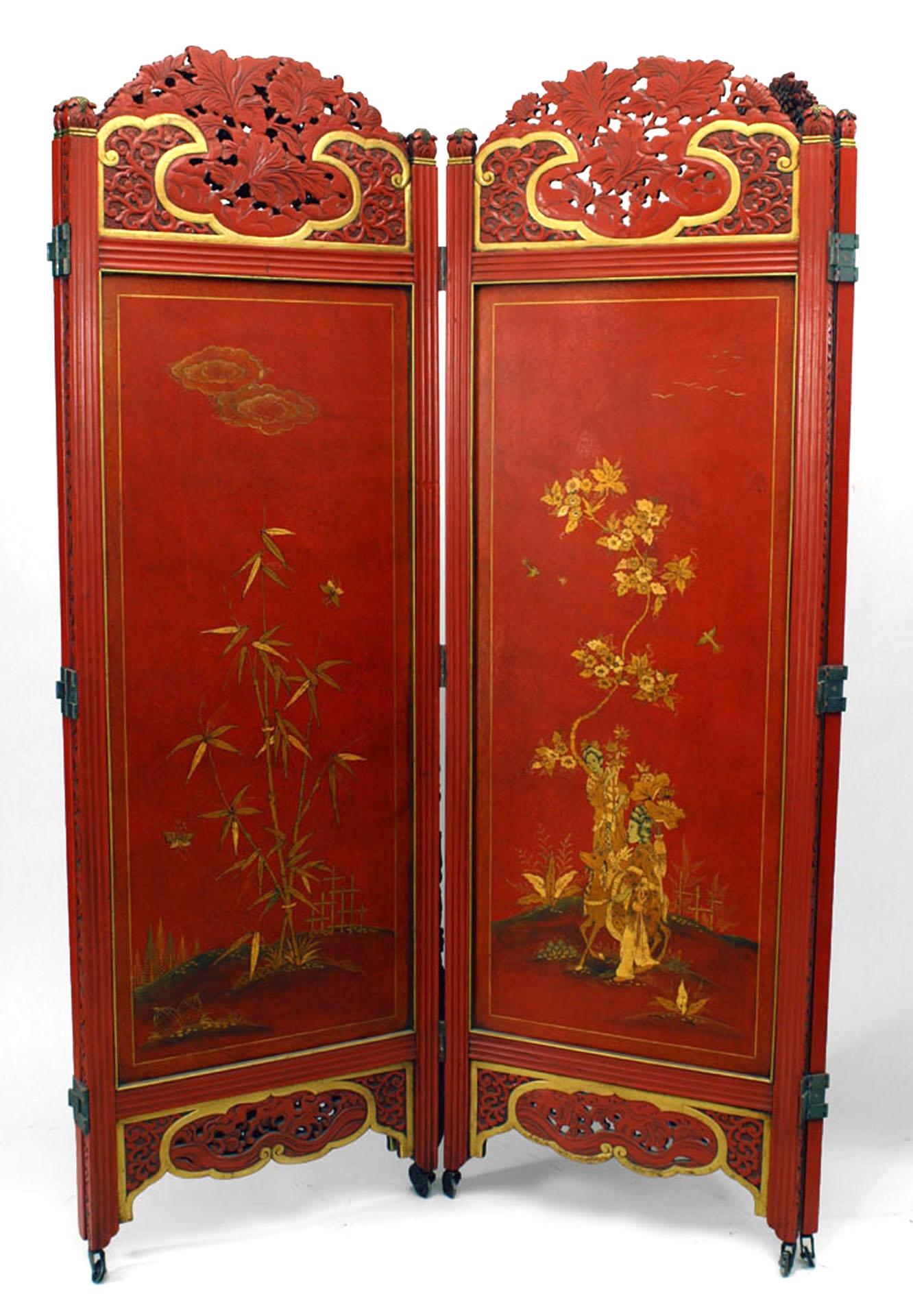 Chinese style (19th/20th century ) red and gold lacquered 4 fold screen featuring a carved floral frame and a Chinoiserie design.
