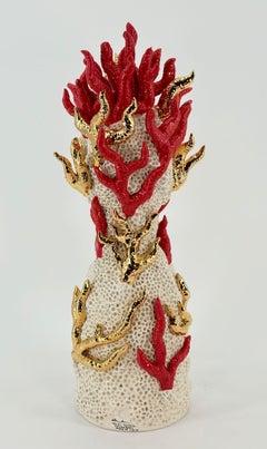 Red and Gold Coral Lady. Handmade in Italy. Ceramic centerpiece