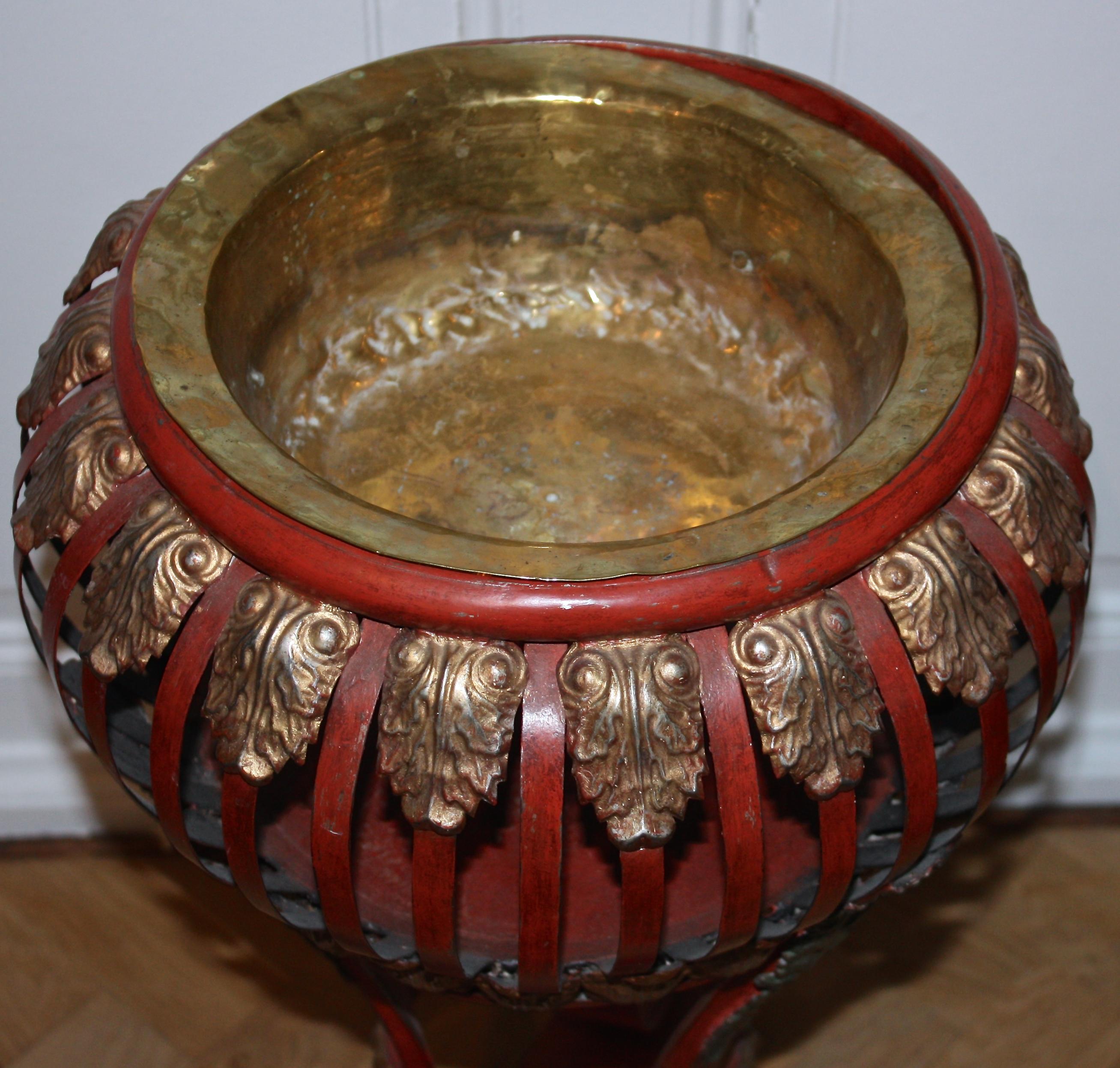 Red And Gold Leaf Painted Art Nouveau Toleware Planter Or Champagne Cooler For Sale 4