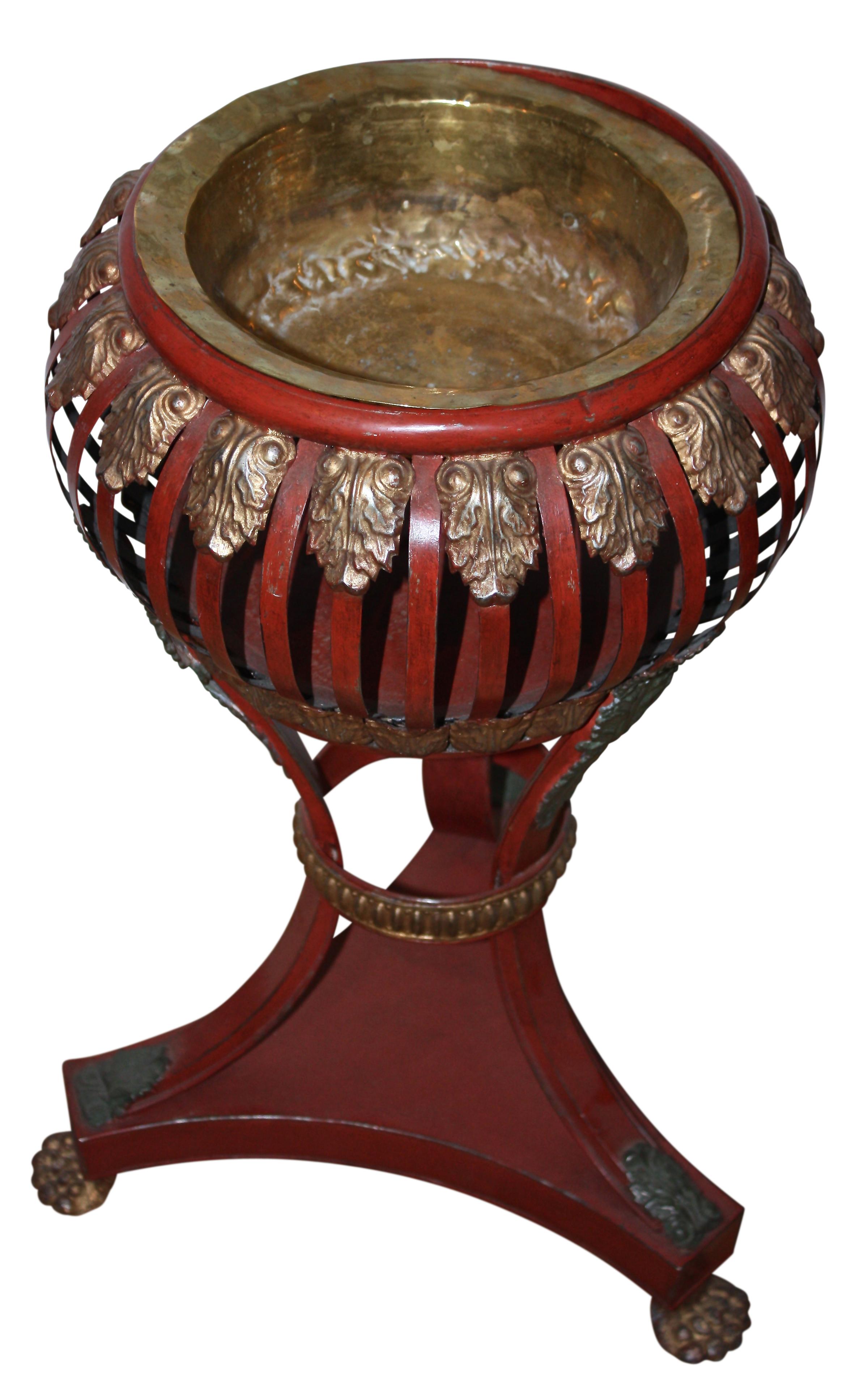 French Red And Gold Leaf Painted Art Nouveau Toleware Planter Or Champagne Cooler For Sale