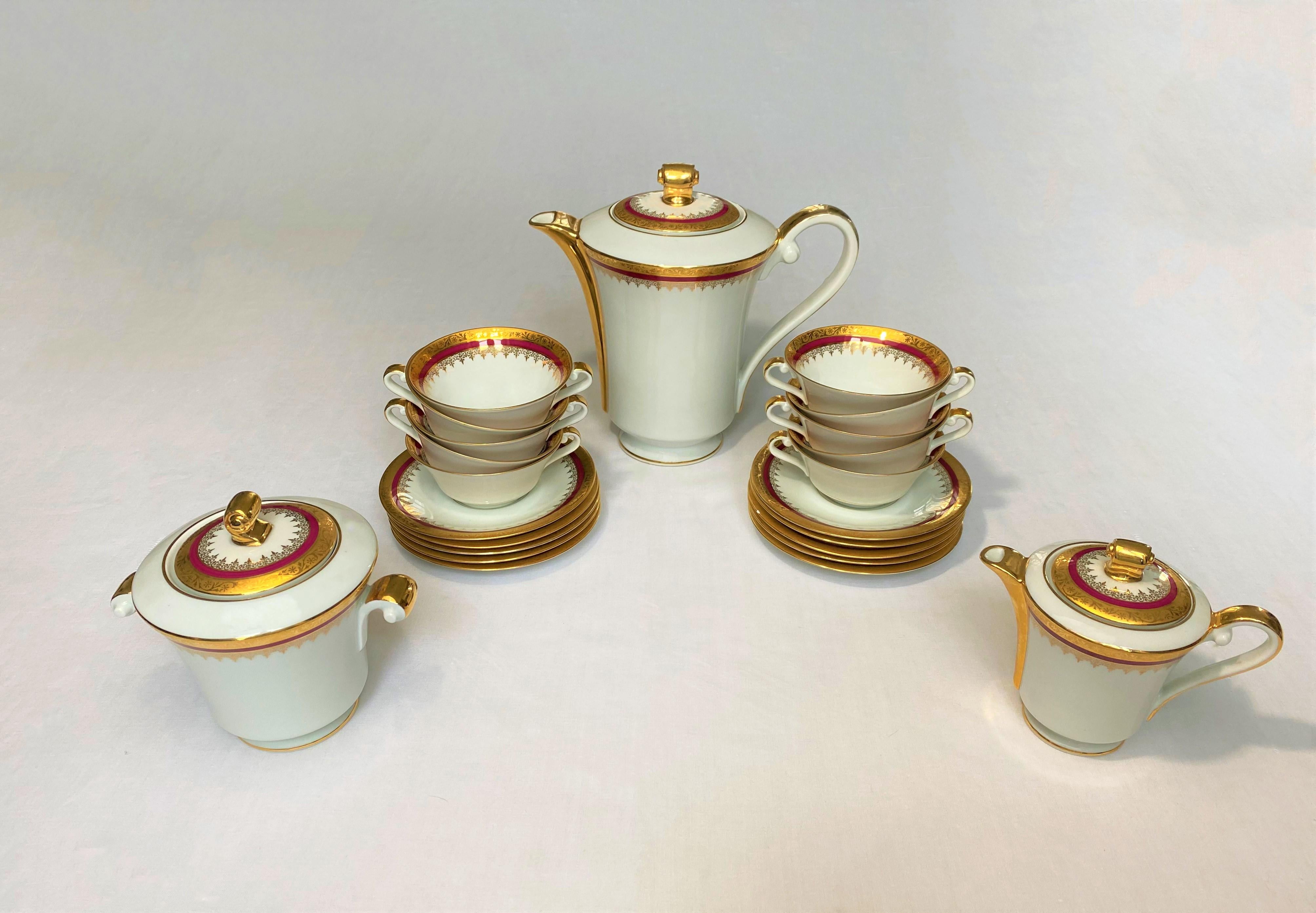 French Red And Gold Limoges Porcelain Coffee Service Empire Style Early 20th Century  For Sale