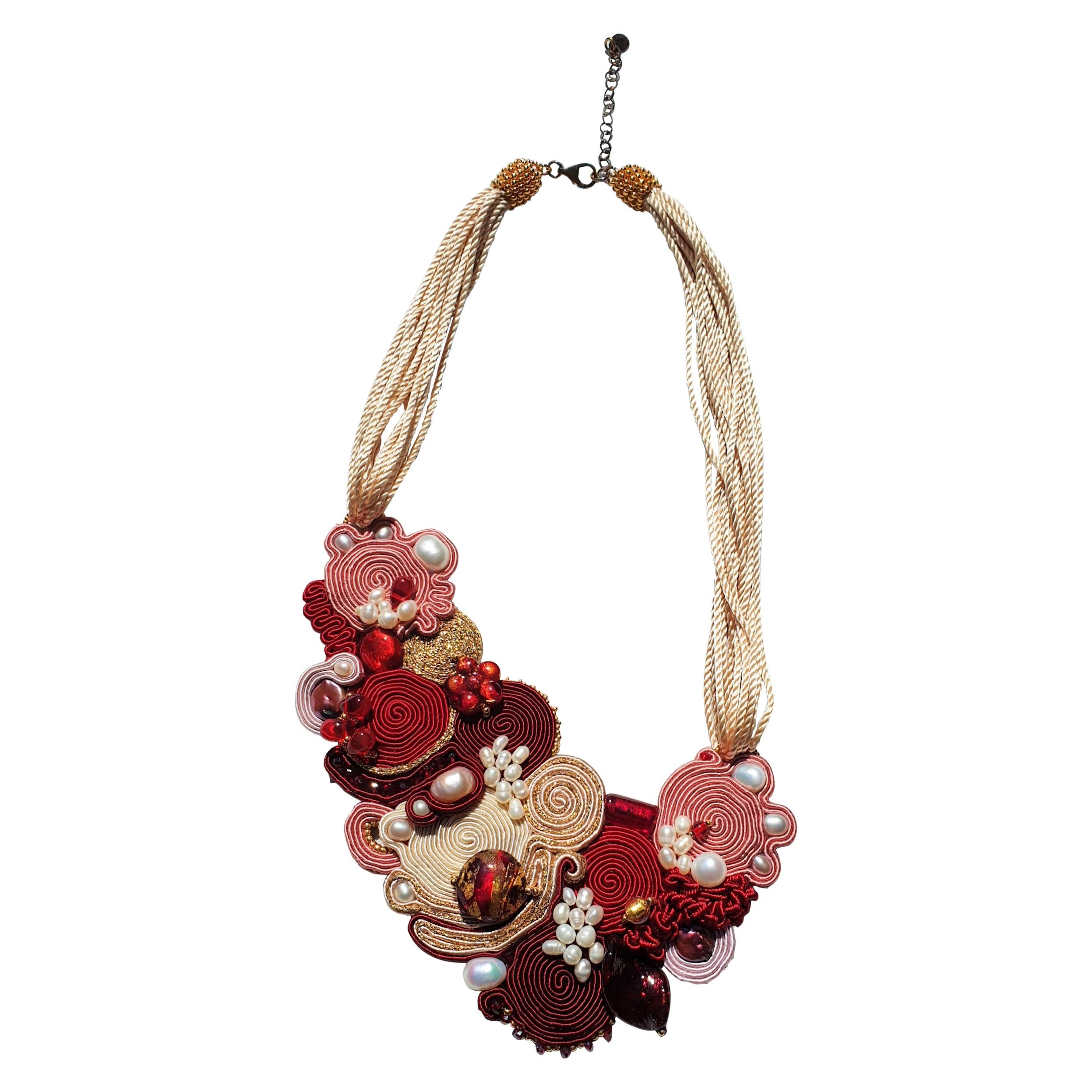 Red and Gold Murano Glass Beads Costume Necklace 