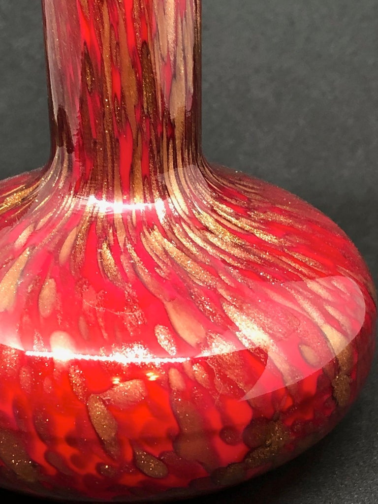 Red and Gold Murano Glass Vase by Barovier and Toso Cordonato D'Oro For
