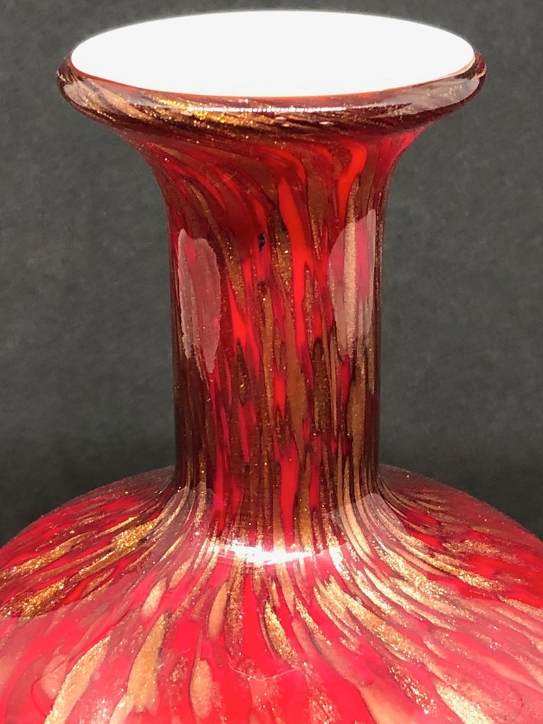 Red and Gold Murano Glass Vase by Barovier and Toso Cordonato D'Oro For