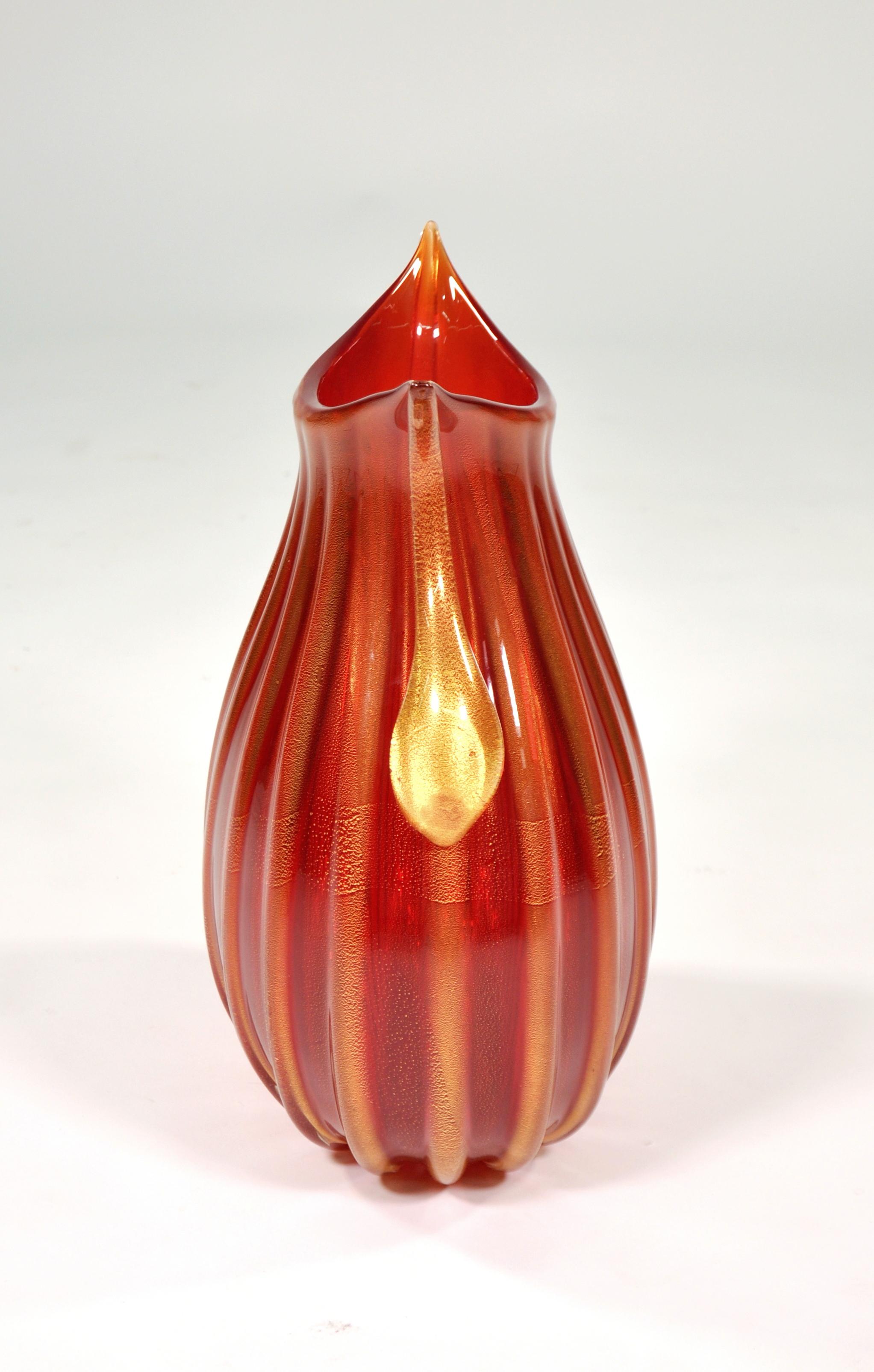 Mid-Century Modern Large Pino Signoretto Red and Gold Murano Glass Vase, 1960s For Sale