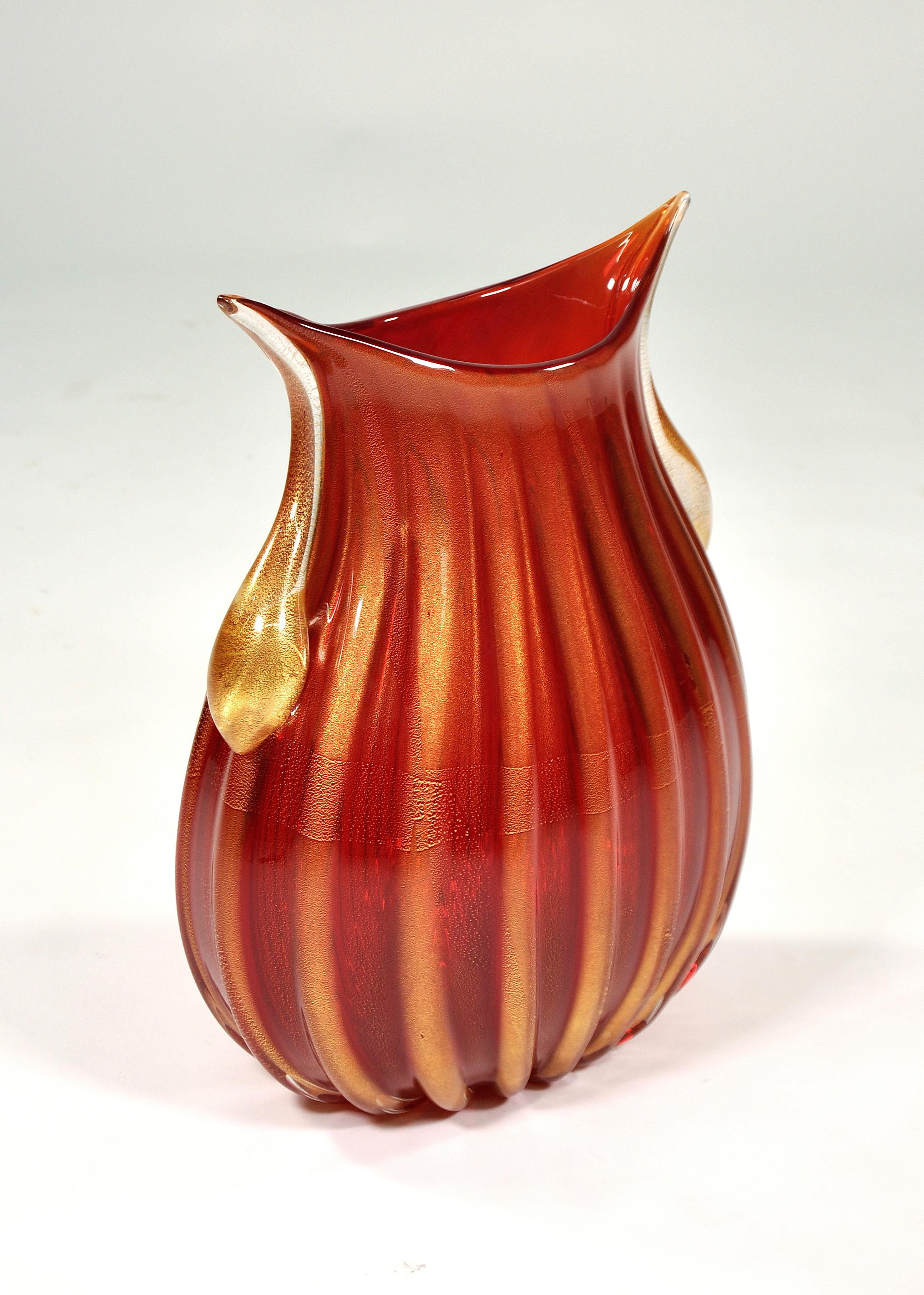 Italian Large Pino Signoretto Red and Gold Murano Glass Vase, 1960s For Sale