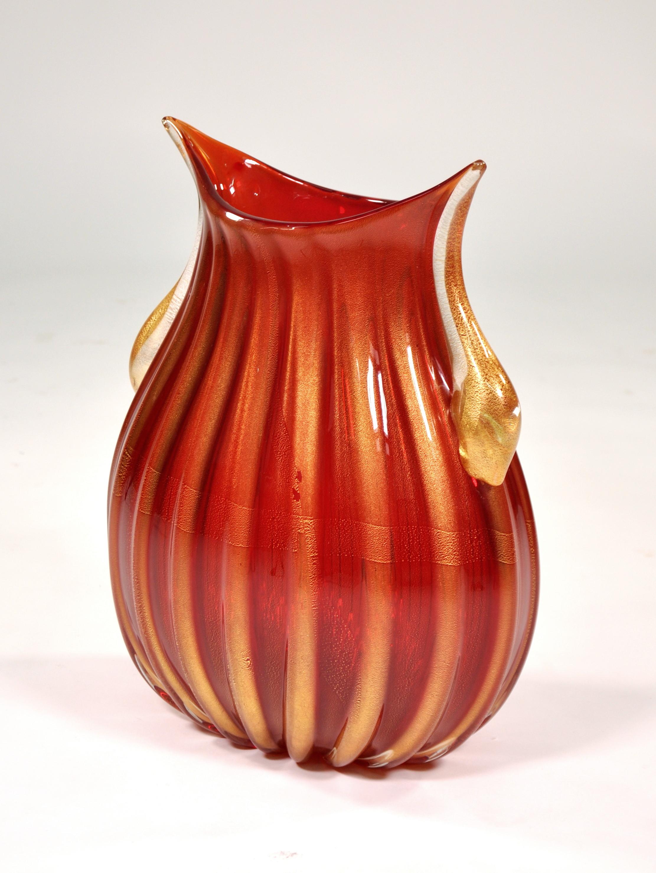 20th Century Large Pino Signoretto Red and Gold Murano Glass Vase, 1960s For Sale