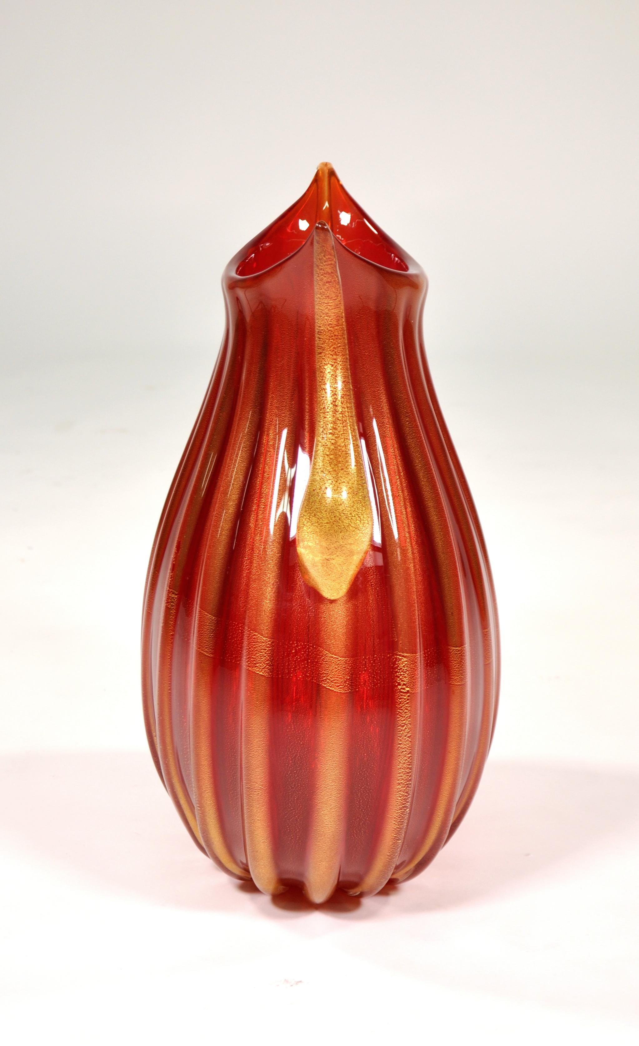 Art Glass Large Pino Signoretto Red and Gold Murano Glass Vase, 1960s For Sale
