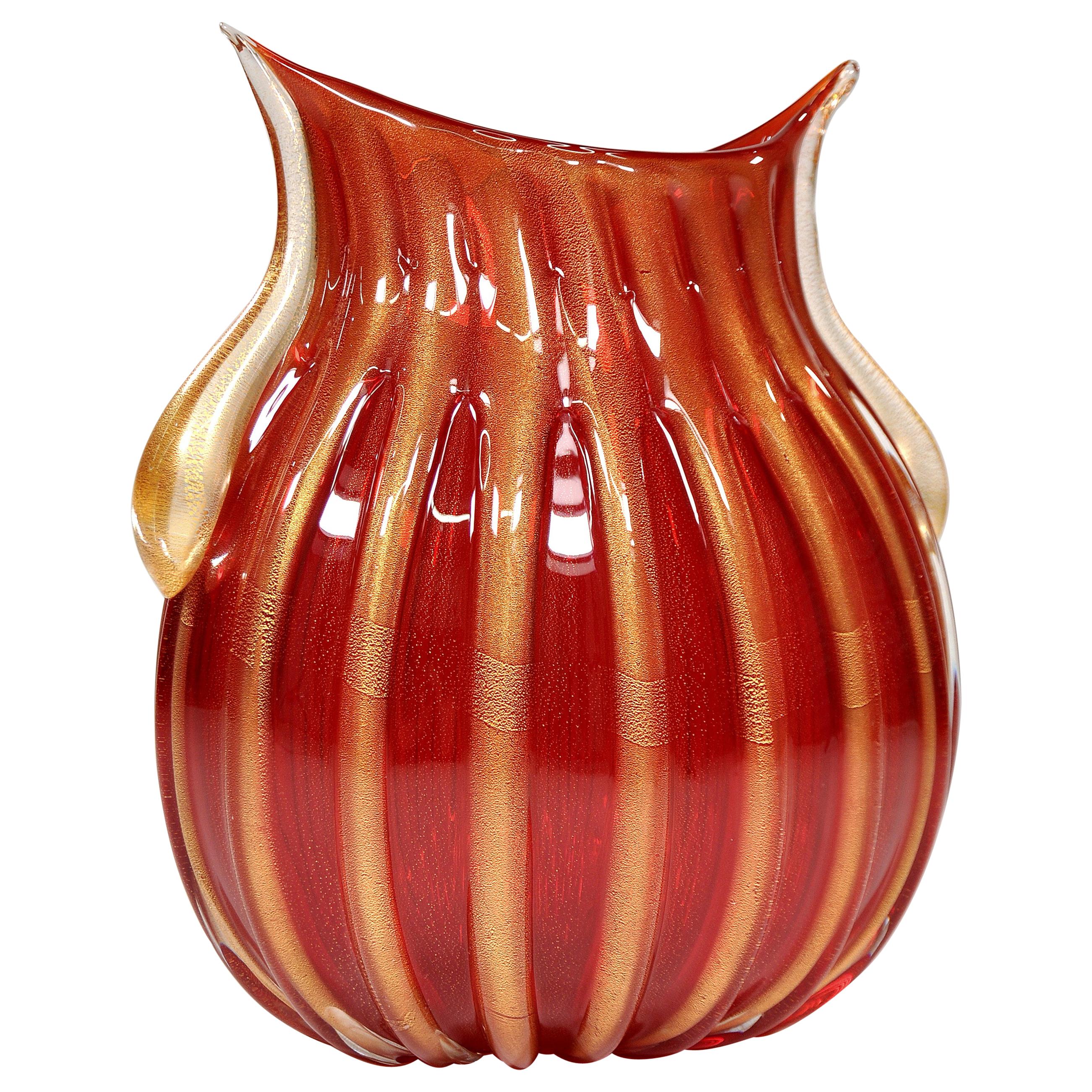 Unique Modern Italian Murano Glass Vase Deep Red Colored Sign by P. Signoretto For Sale at 1stDibs