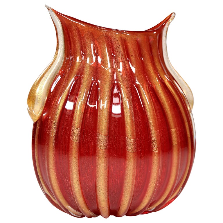 Red and Gold Murano Glass Vase by Pino Signoretto, Italy, 1960s For
