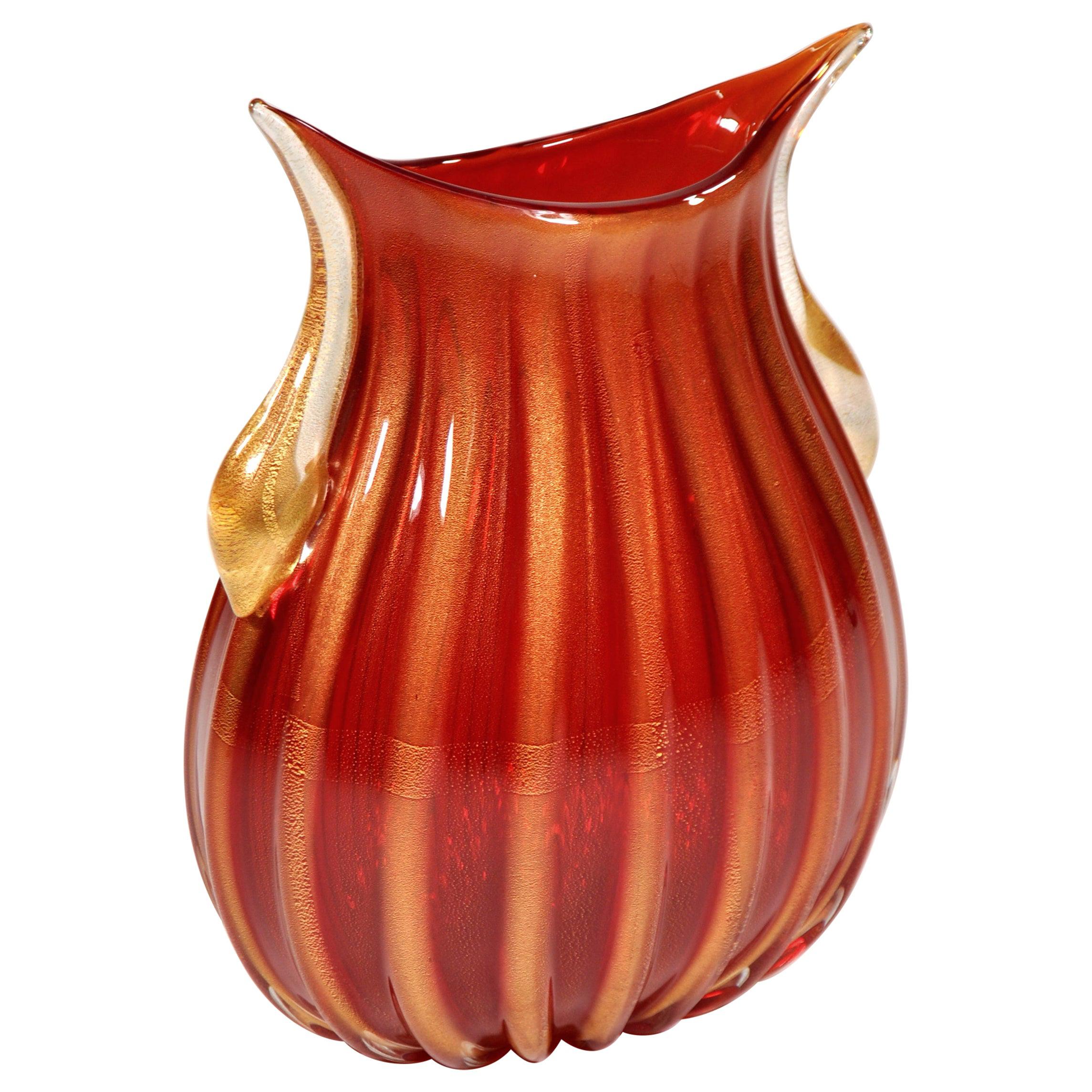 Large Pino Signoretto Red and Gold Murano Glass Vase, 1960s