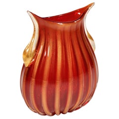 Vintage Large Pino Signoretto Red and Gold Murano Glass Vase, 1960s