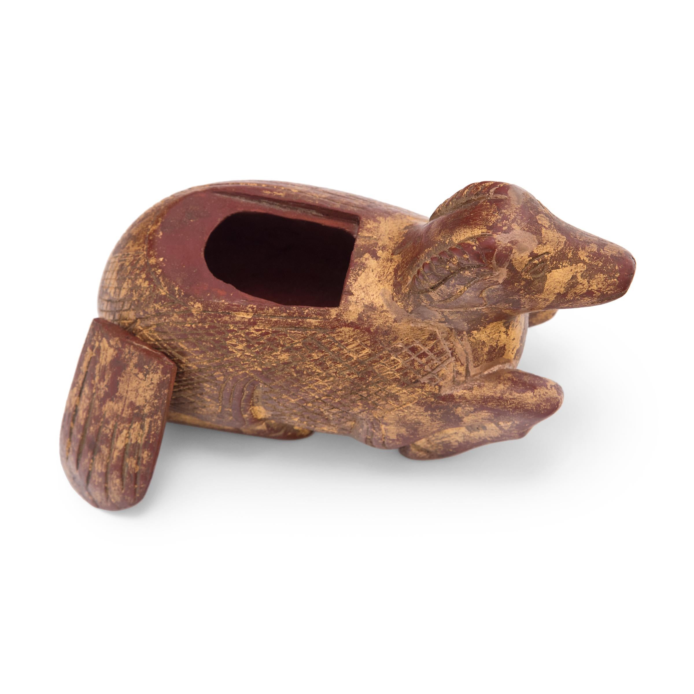 Hand-Carved Red and Gold Reclining Ram Box, c. 1900