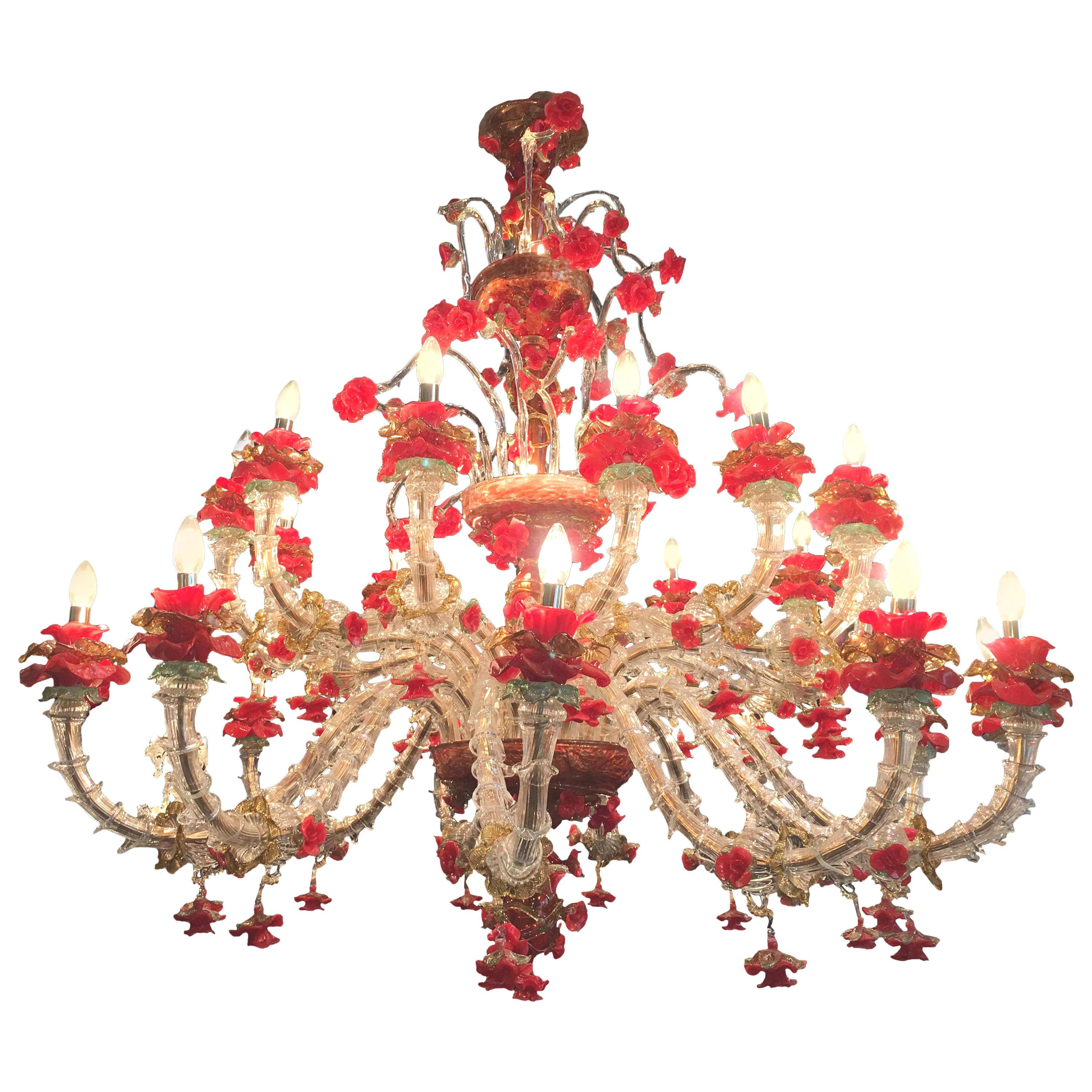 Red and Gold Sumptuous Murano Glass Chandelier, 1980s For Sale 9