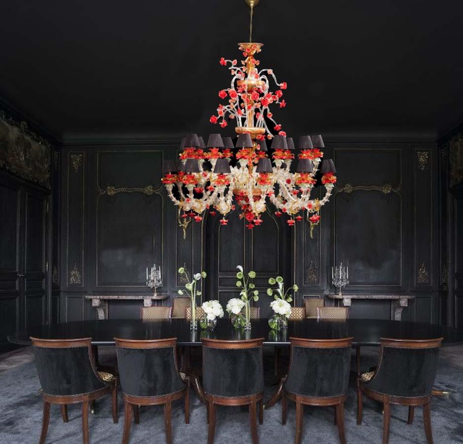 Late 20th Century Red and Gold Sumptuous Murano Glass Chandelier, 1980s For Sale
