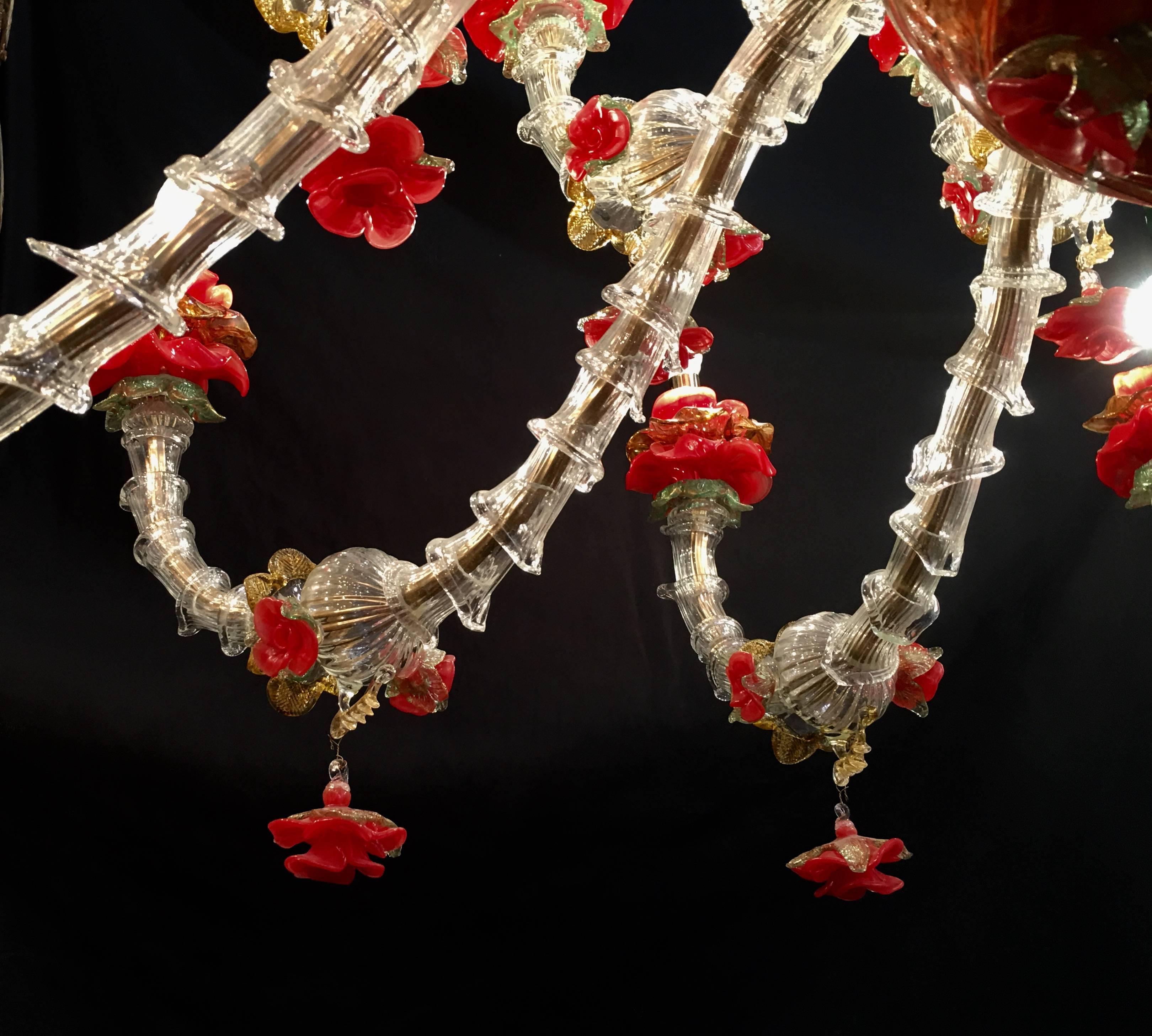 Red and Gold Sumptuous Murano Glass Chandelier, 1980s For Sale 5
