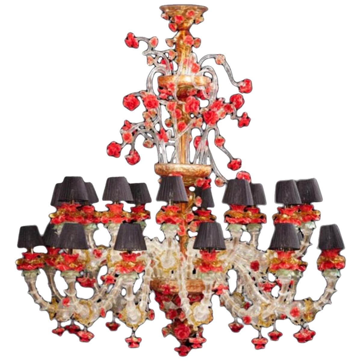Red and Gold Sumptuous Murano Glass Chandelier, 1980s For Sale