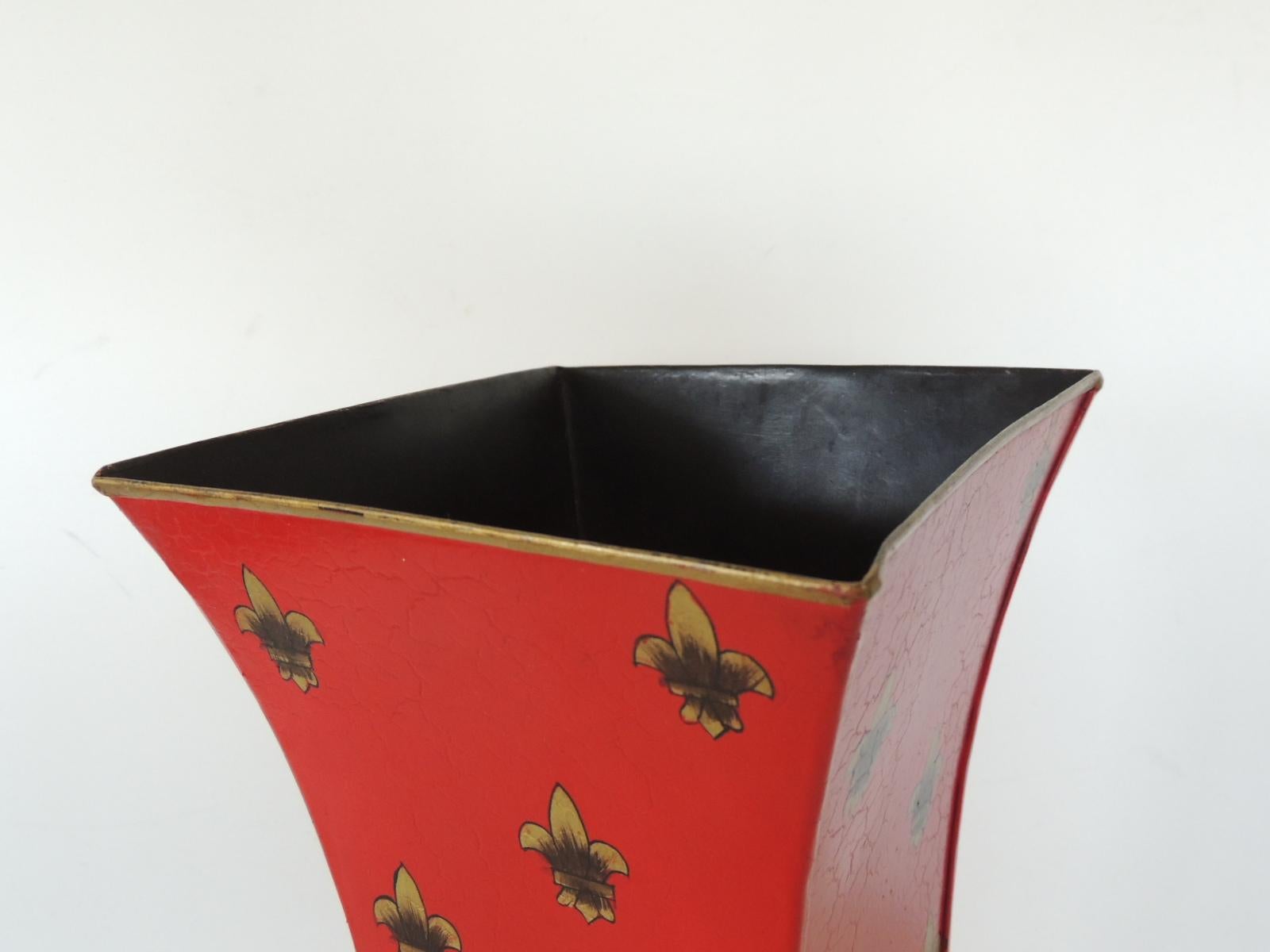 Hand-Crafted Red and Gold Tall Cachepot with Fleur-de-Lis Design