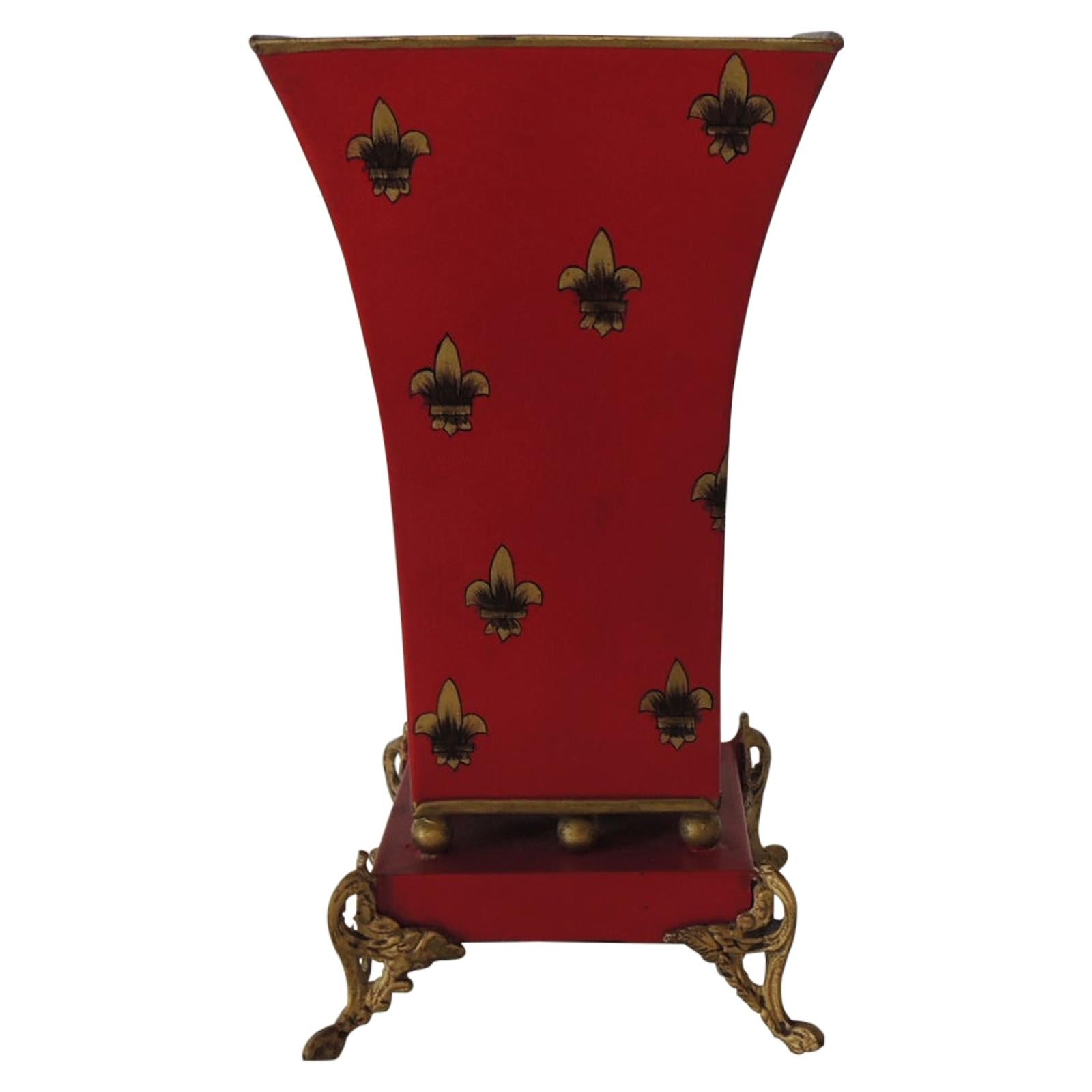 Red and Gold Tall Cachepot with Fleur-de-Lis Design