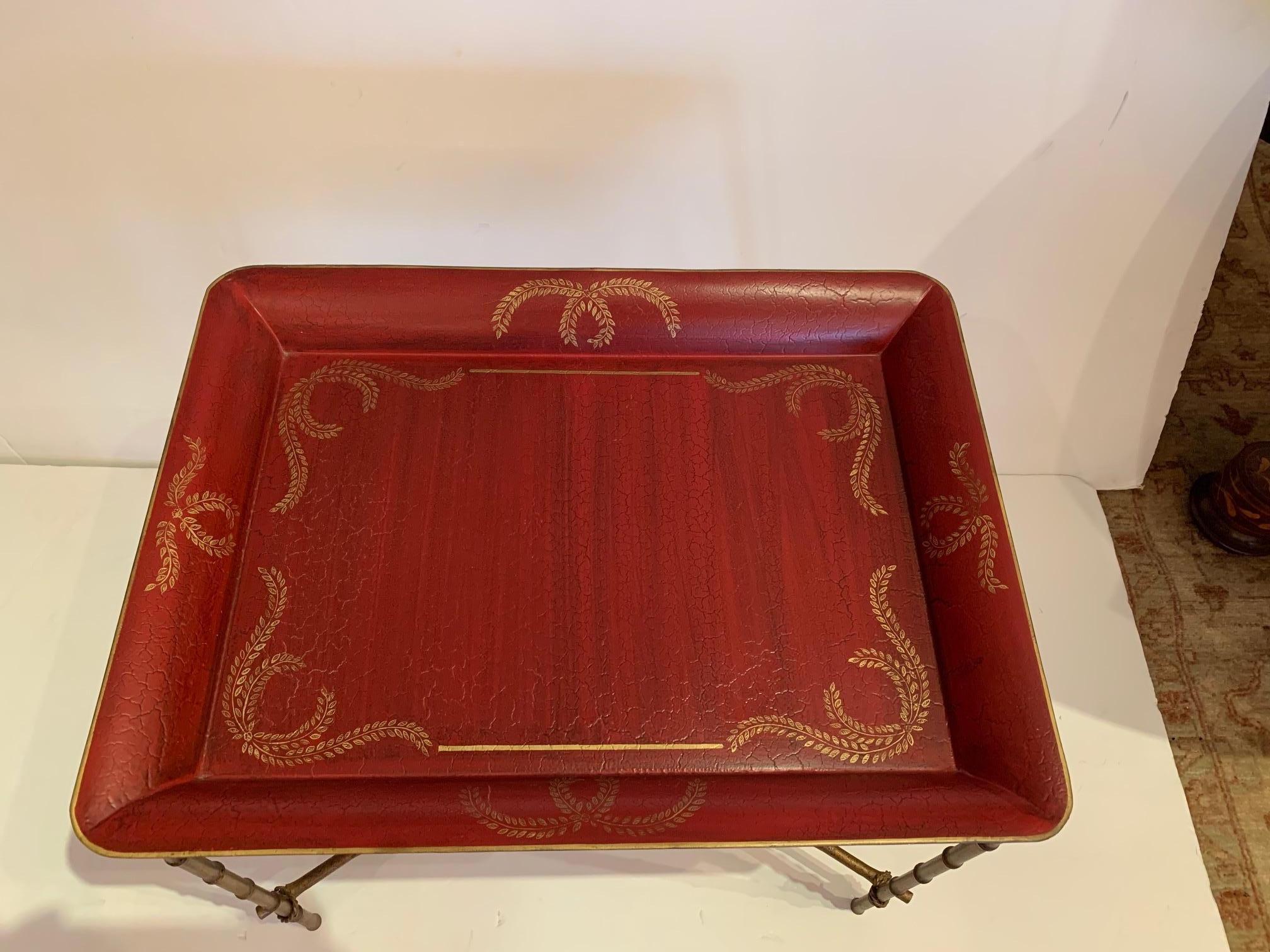 Red and Gold Tray Top Side Table with Gilt Bamboo Base 4