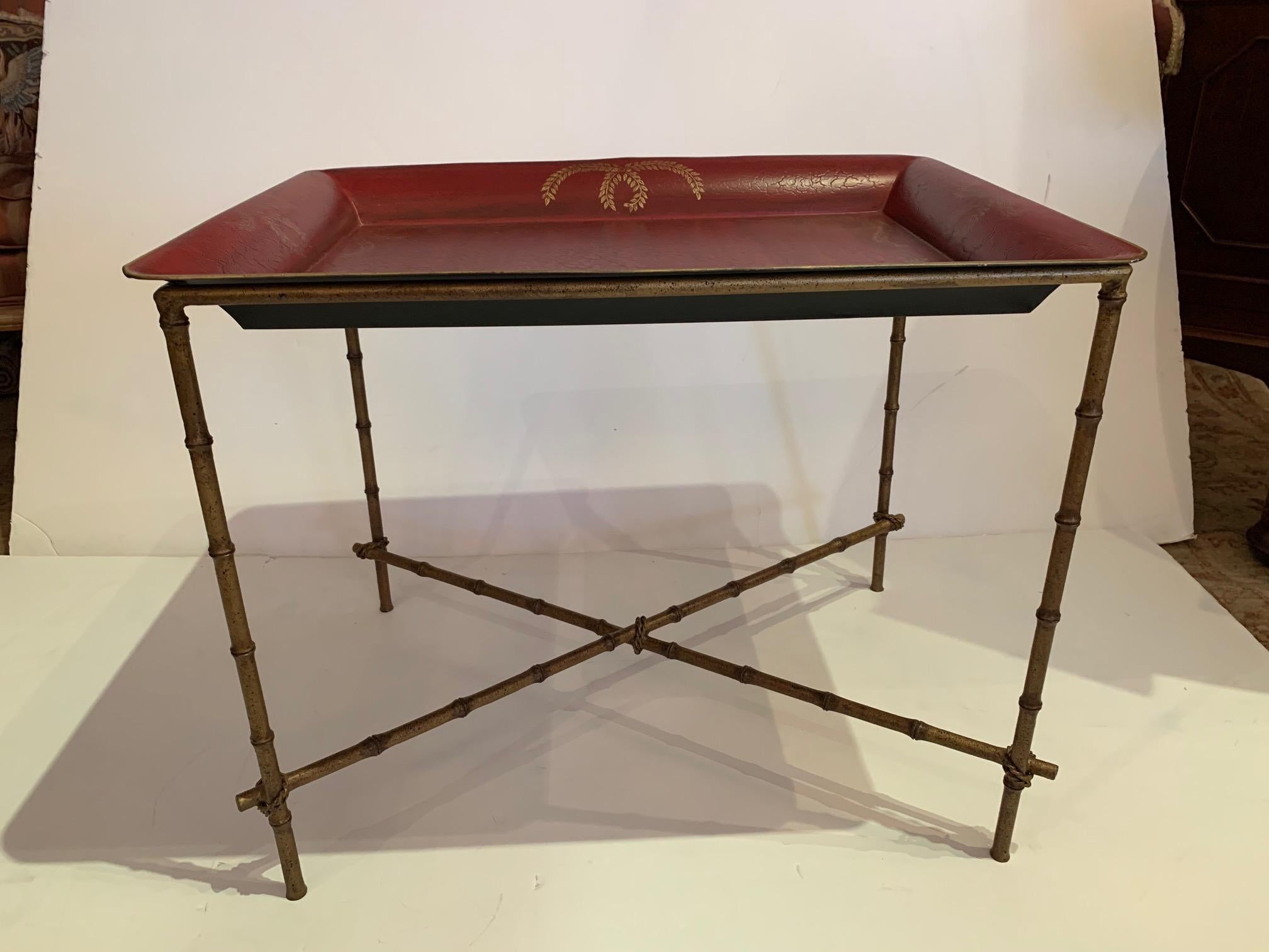 Late 20th Century Red and Gold Tray Top Side Table with Gilt Bamboo Base
