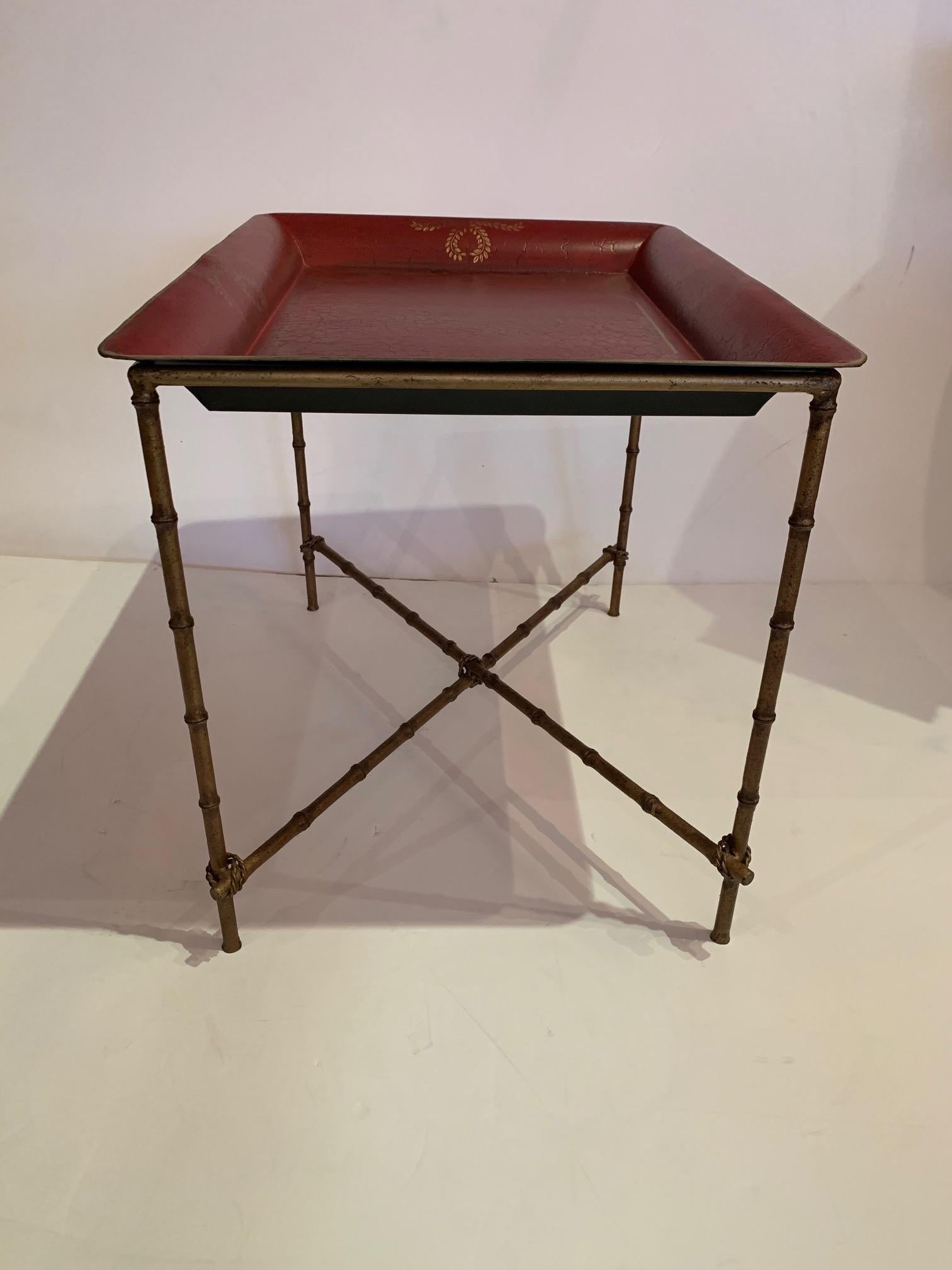 Red and Gold Tray Top Side Table with Gilt Bamboo Base 1