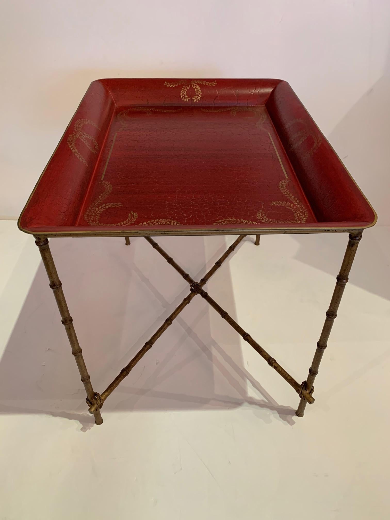 Red and Gold Tray Top Side Table with Gilt Bamboo Base 2