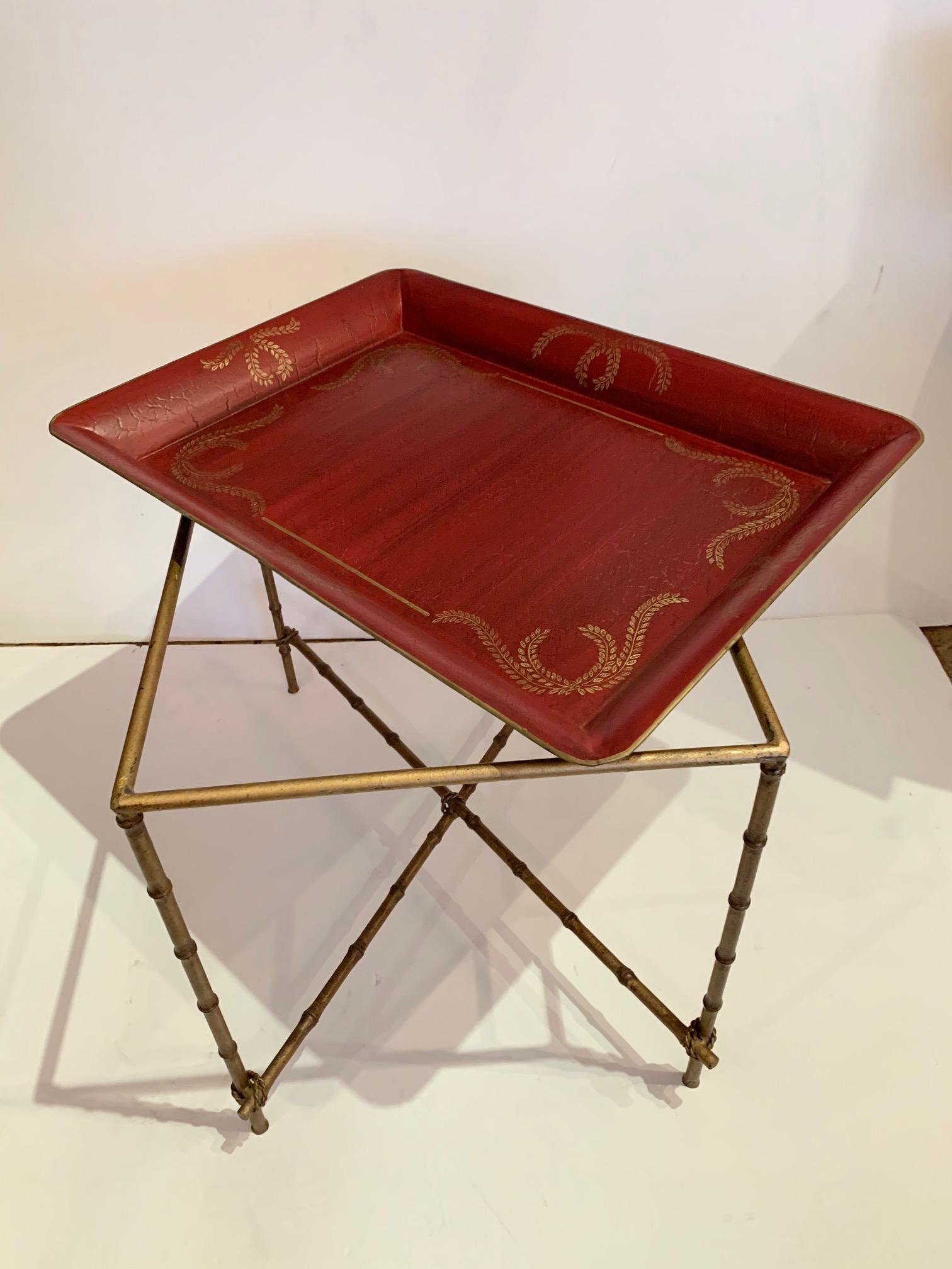 Red and Gold Tray Top Side Table with Gilt Bamboo Base 3