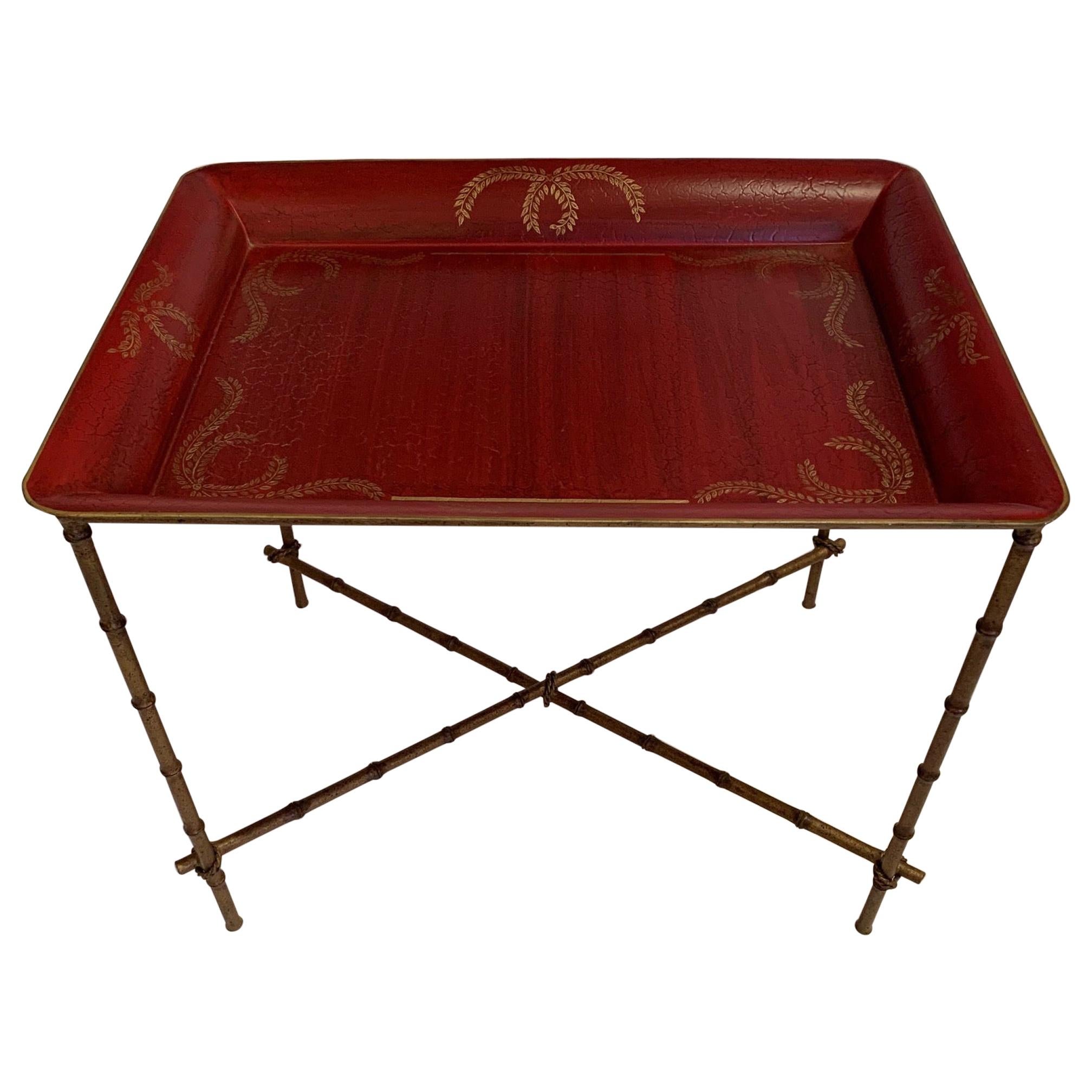 Red and Gold Tray Top Side Table with Gilt Bamboo Base