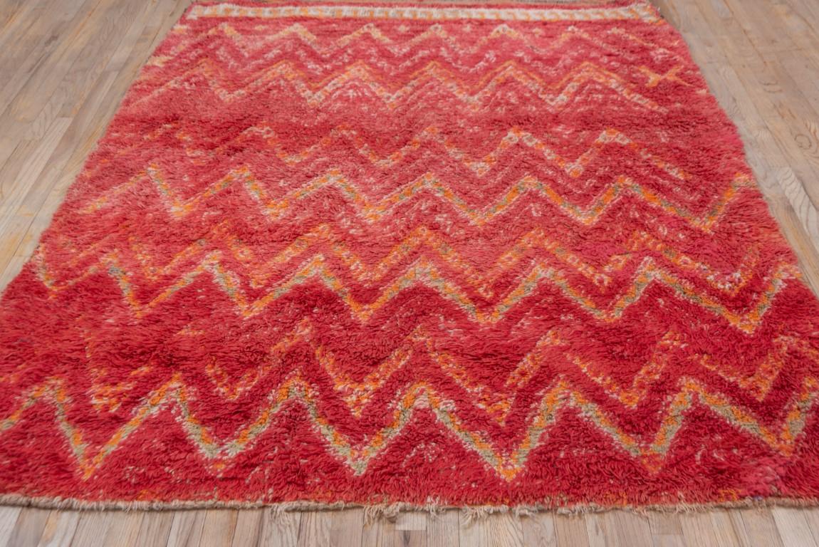 Hand-Knotted Red and Gold Zigzag Modern Moroccan Shag Rug
