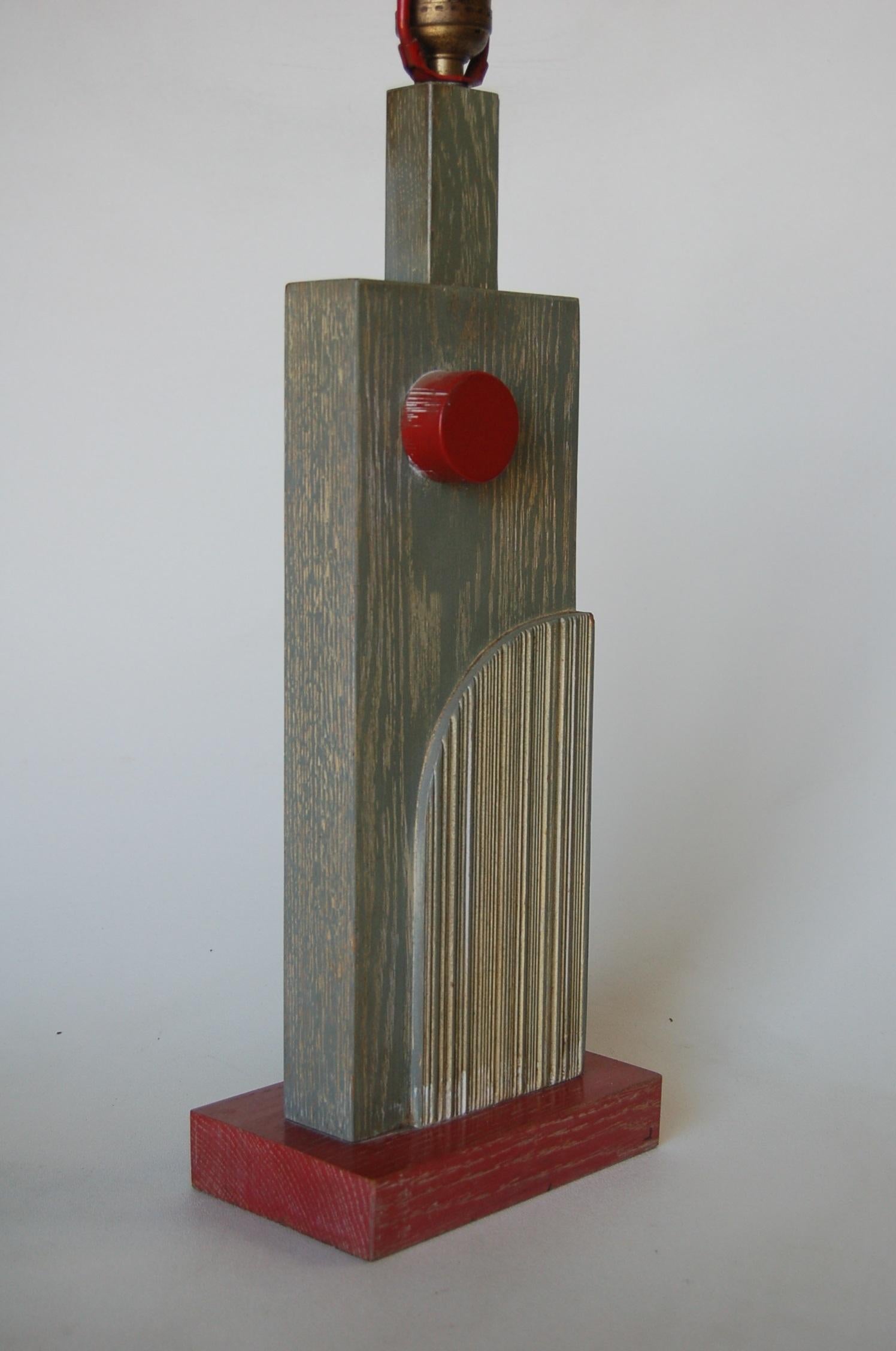 American Red and Gray Carved Wood Midcentury Googie Table Lamp by Levinton