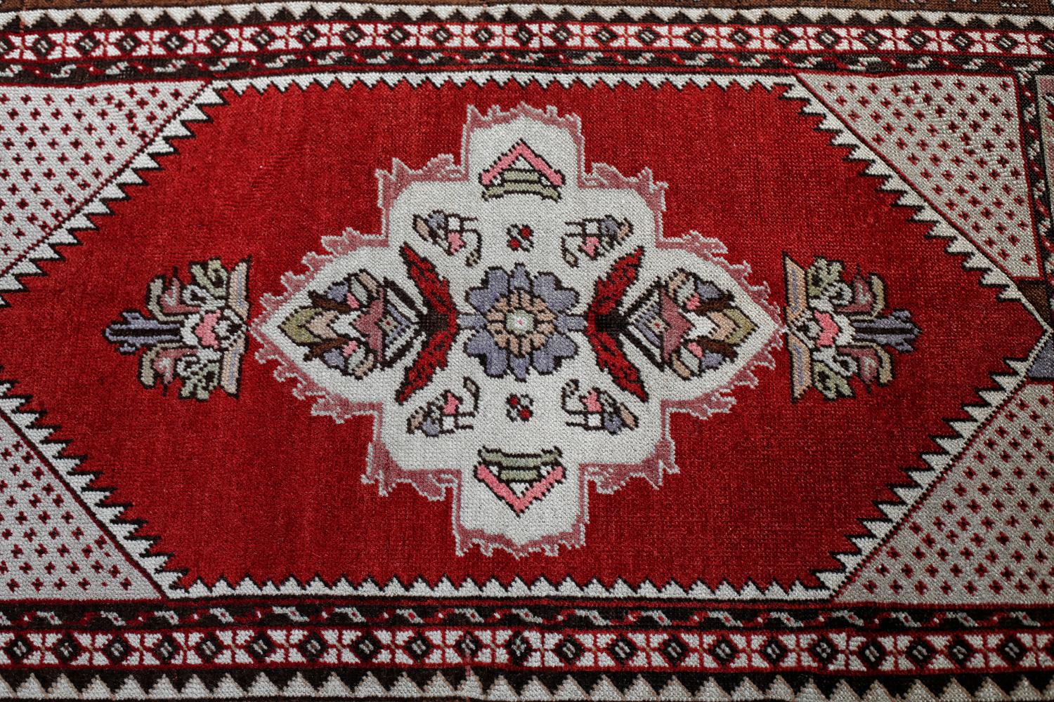 Hand-Knotted Red and Gray Handmade Wool Turkish Old Anatolian Konya Distressed Rug For Sale