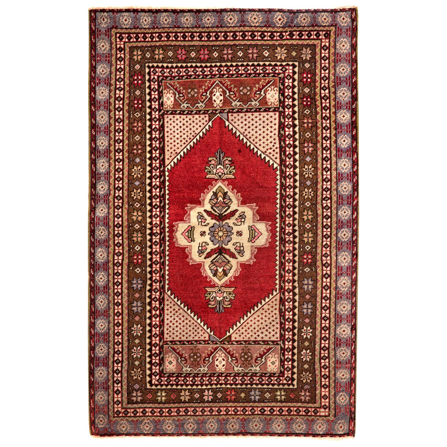 Red and Gray Handmade Wool Turkish Old Anatolian Konya Distressed Rug For Sale