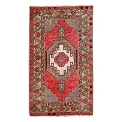 Red and Gray Handmade Wool Turkish Old Anatolian Konya Distressed Rug