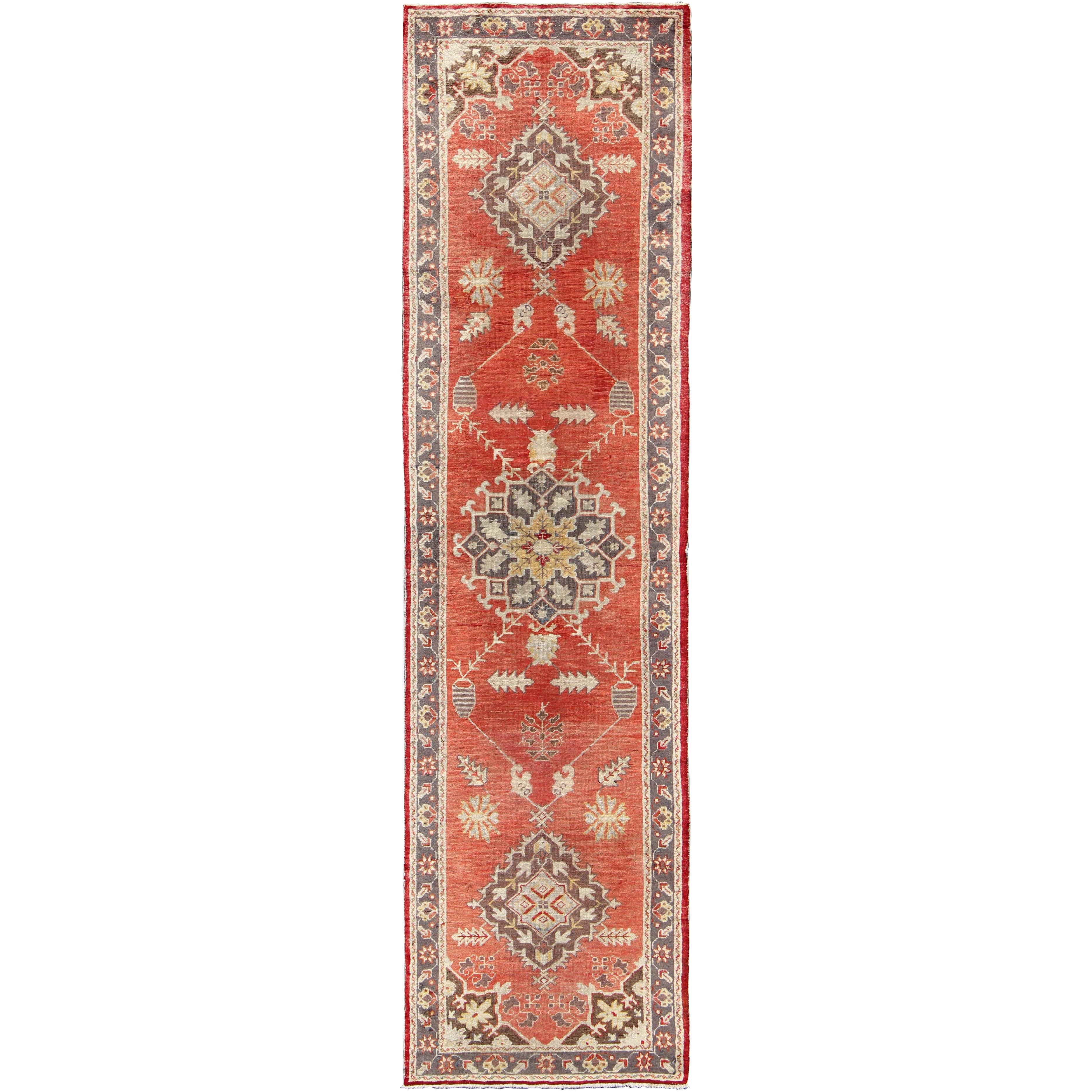 Red and Gray Mid-Century Vintage Turkish Oushak Runner with Floral Medallions For Sale