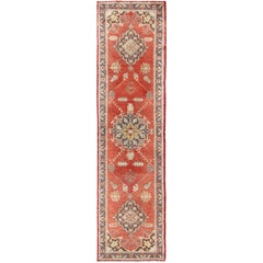 Red and Gray Mid-Century Vintage Turkish Oushak Runner with Floral Medallions