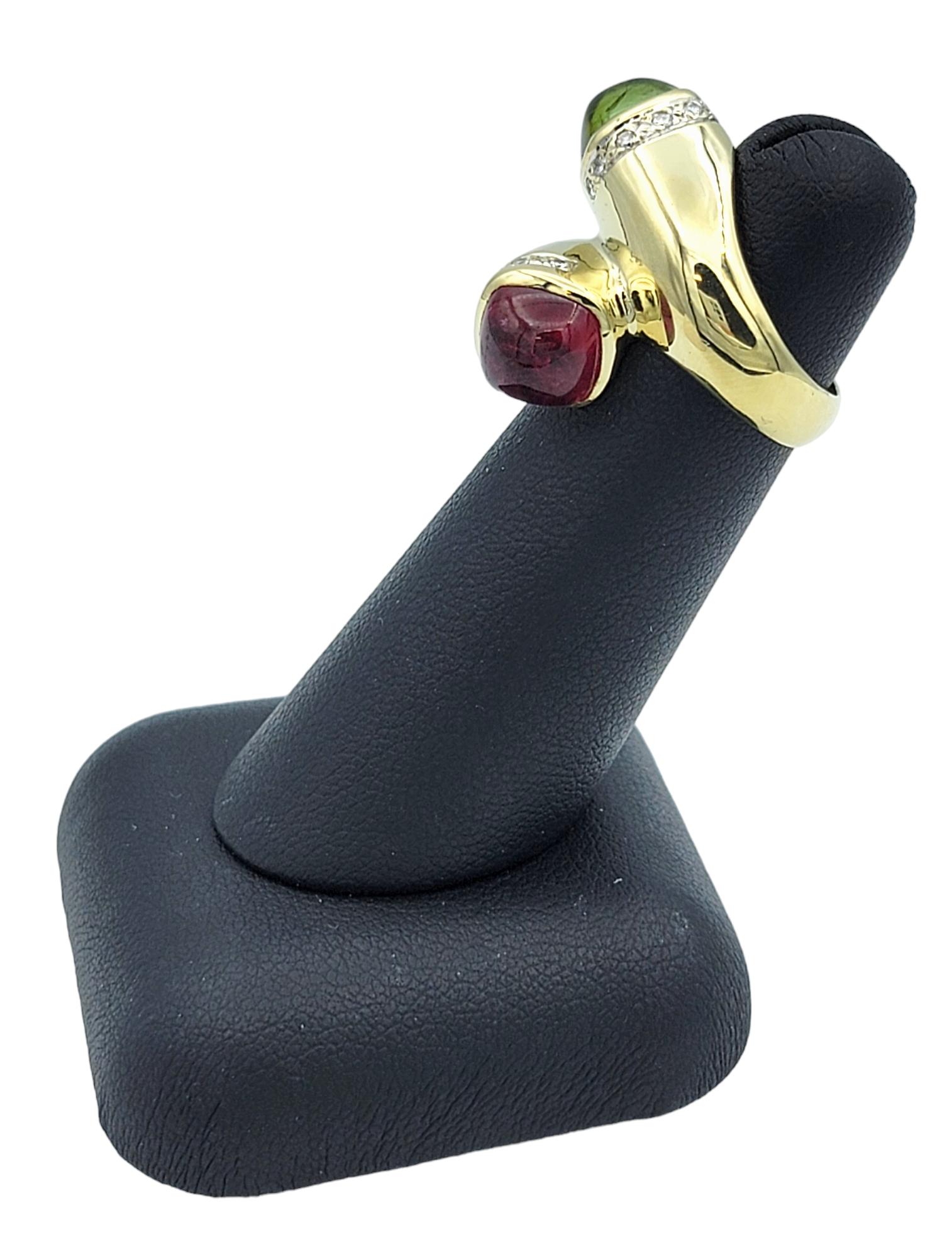 Bypass-Ring aus 14 Karat Gelbgold mit rotem und grünem Cabochon-Turmalin und Diamanten im Angebot 5