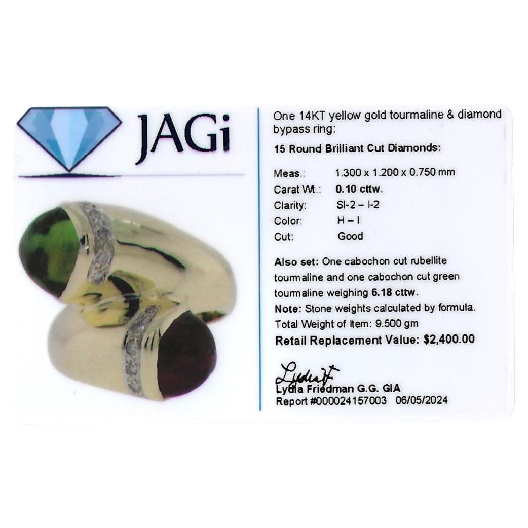 Bypass-Ring aus 14 Karat Gelbgold mit rotem und grünem Cabochon-Turmalin und Diamanten im Angebot 6