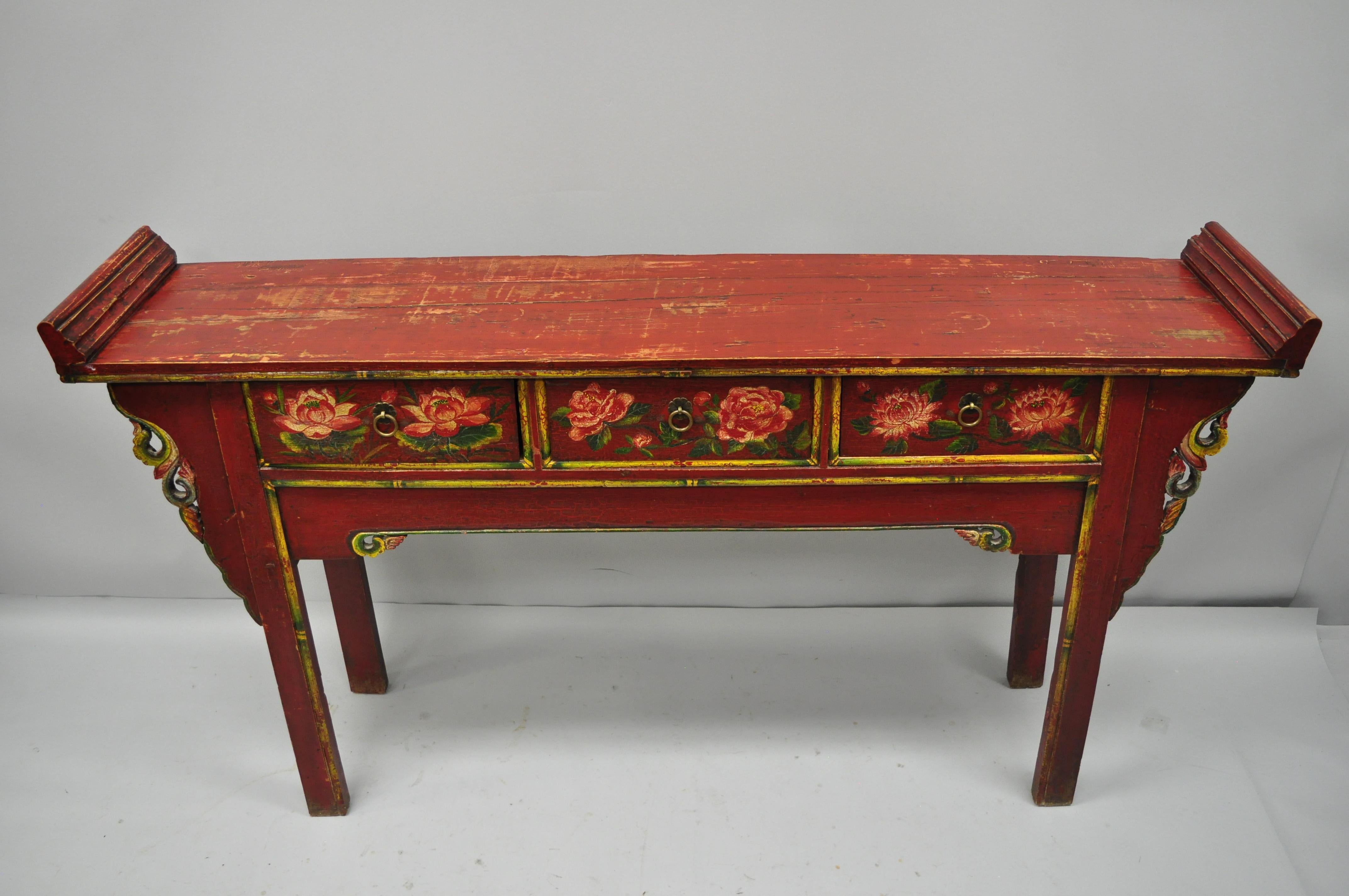 Wood Red and Green Distress Painted Altar Console Mongolian Table Sideboard