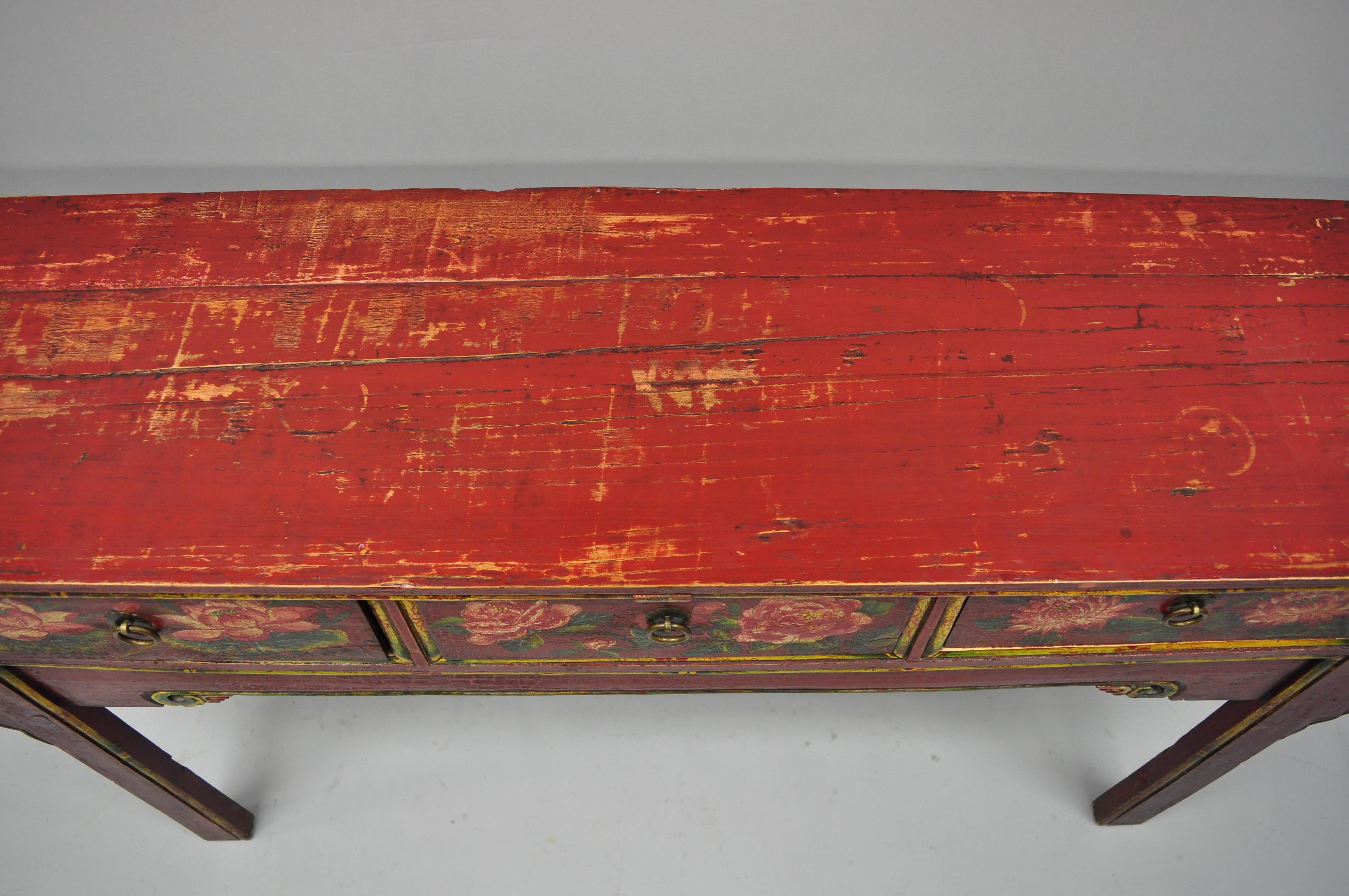 Asian Red and Green Distress Painted Altar Console Mongolian Table Sideboard